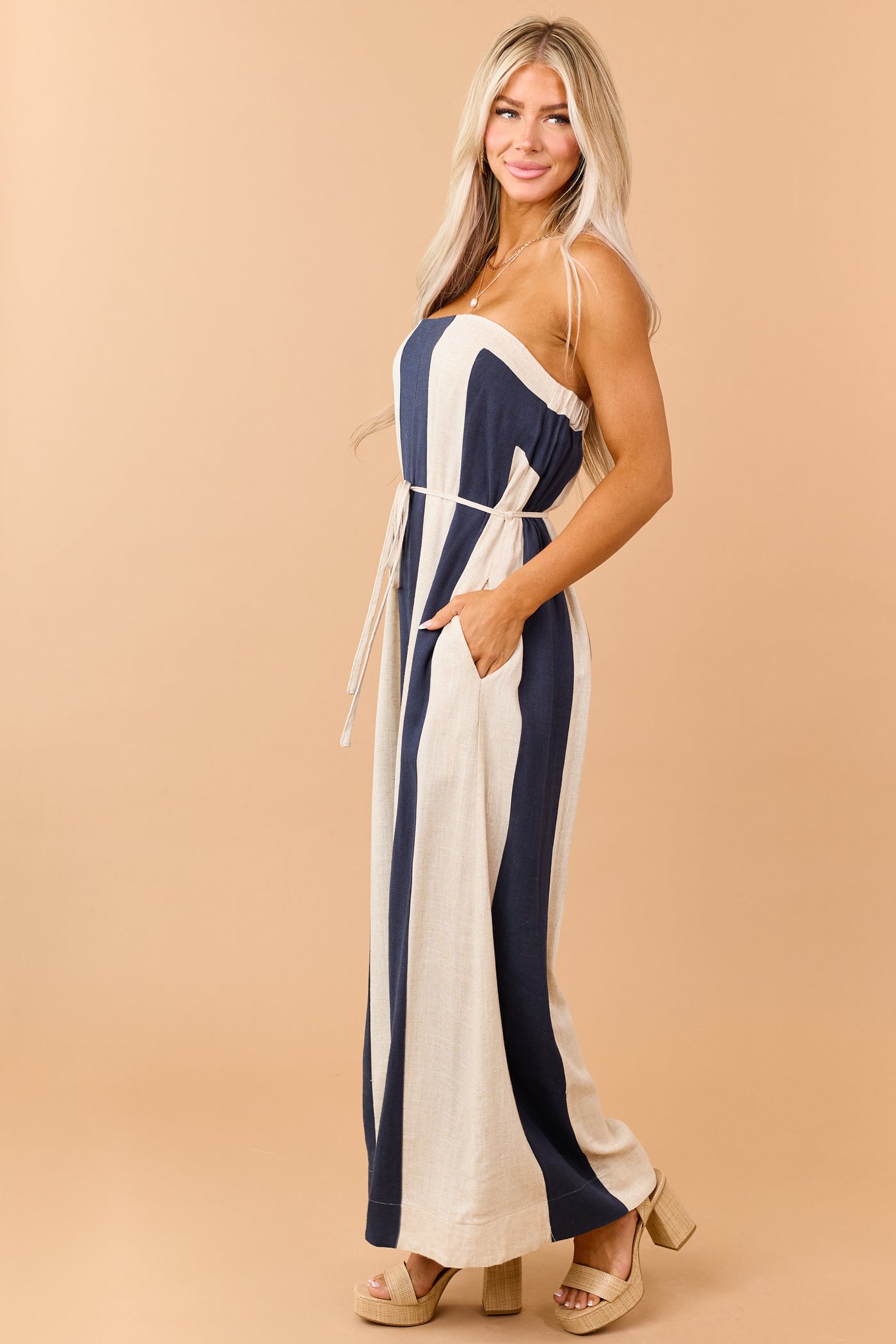 Navy Colorblock Stripe Linen Blend Strapless Jumpsuit