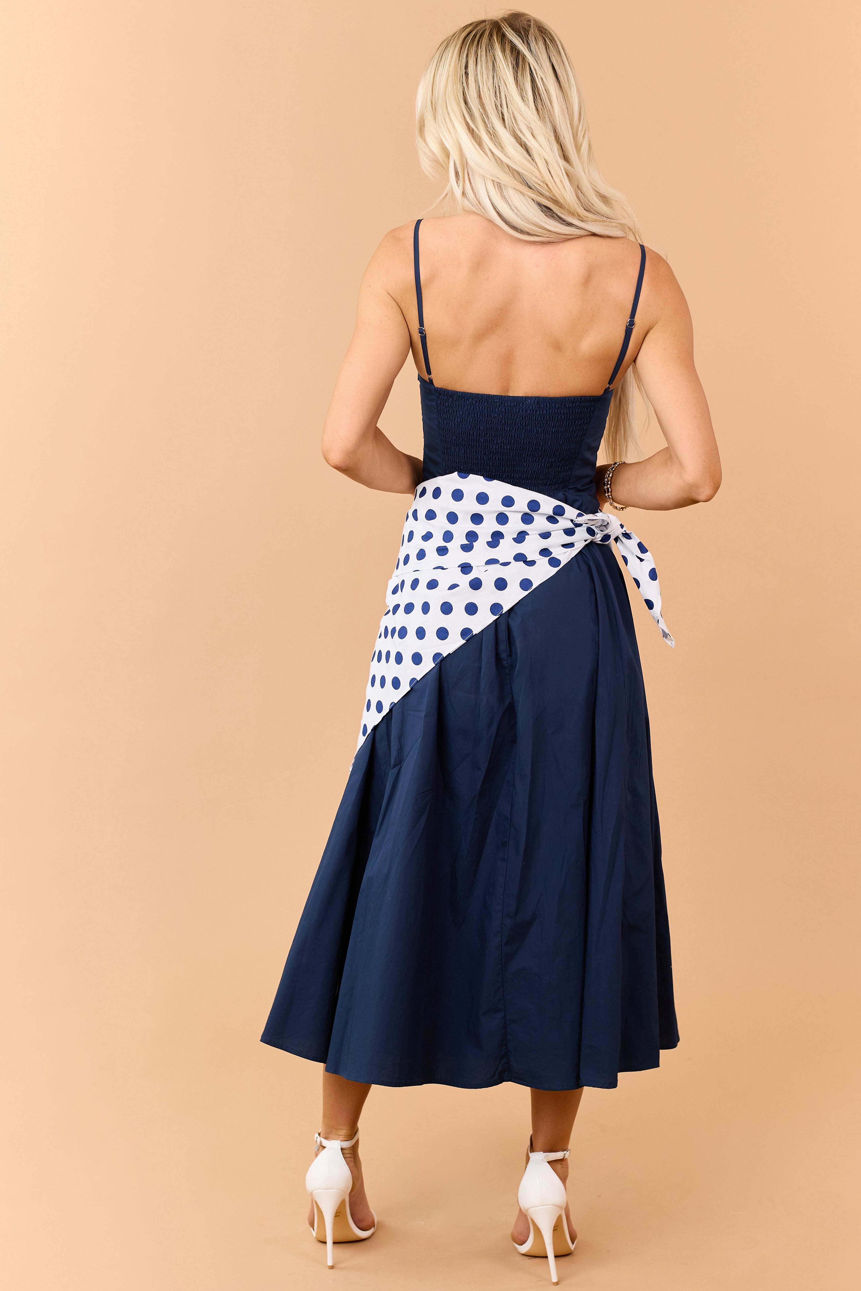 Navy Contrast Polka Dot Waist Wrap Cotton Midi Dress