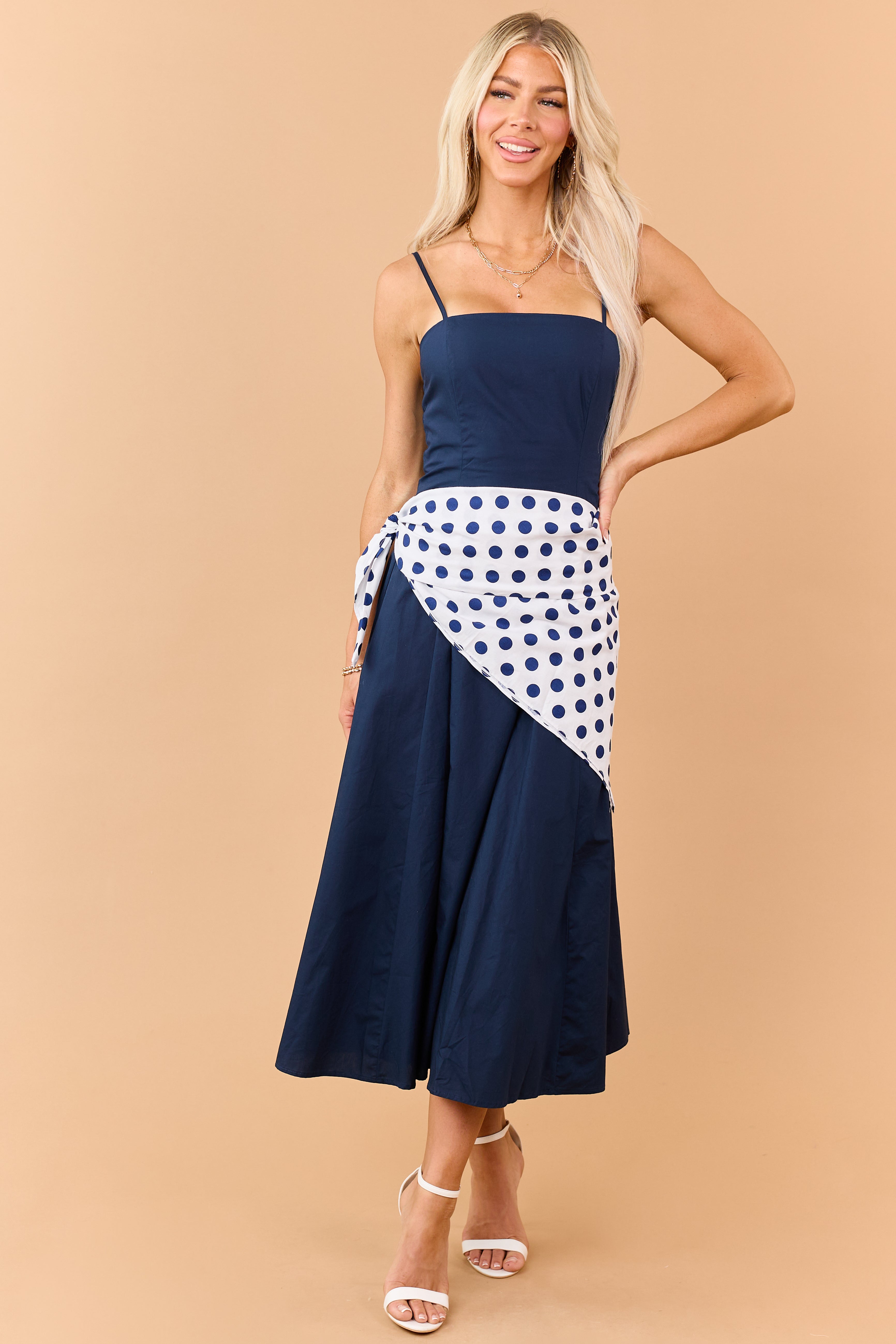 Navy Contrast Polka Dot Waist Wrap Cotton Midi Dress