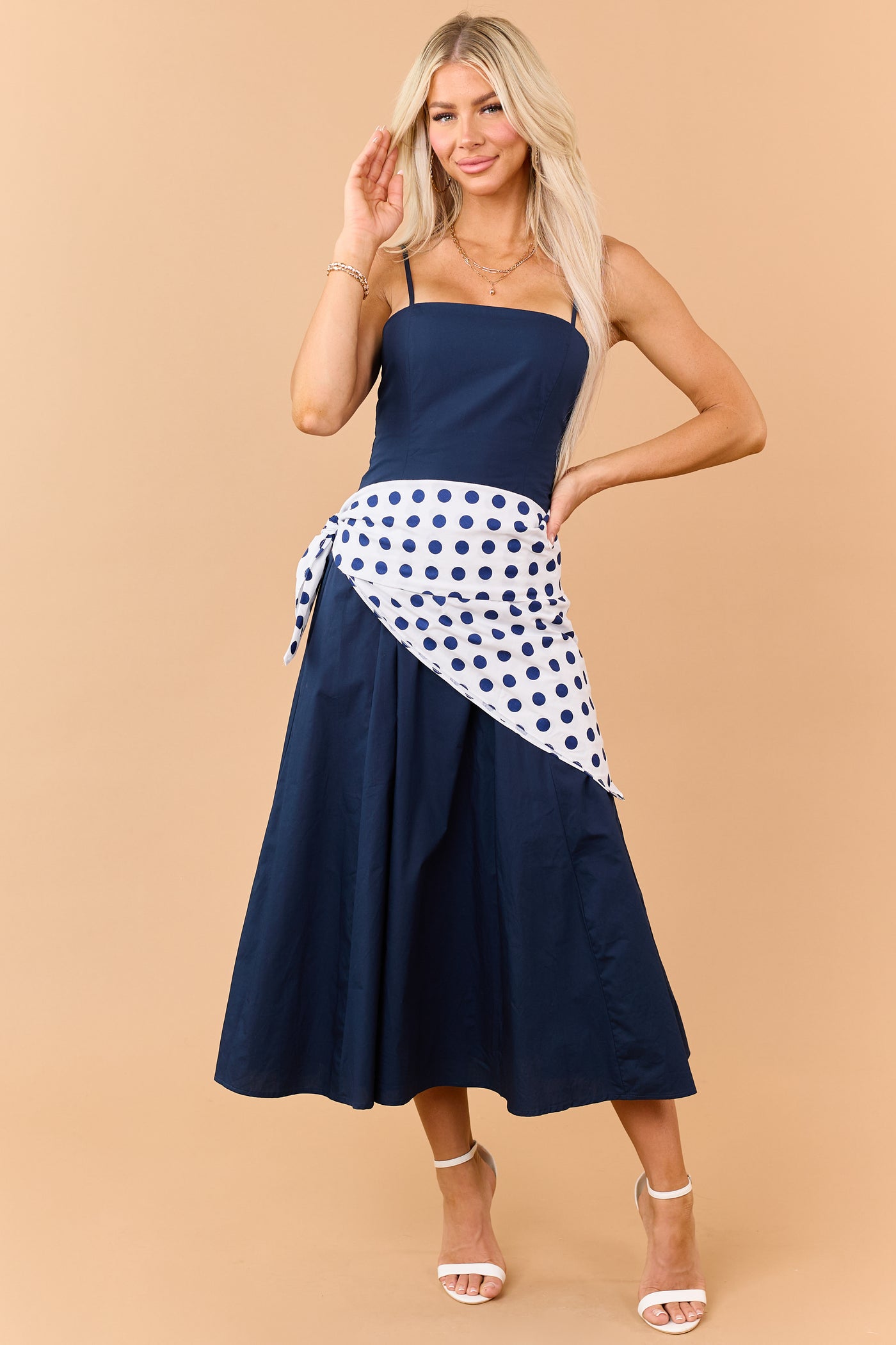 Navy Contrast Polka Dot Waist Wrap Cotton Midi Dress