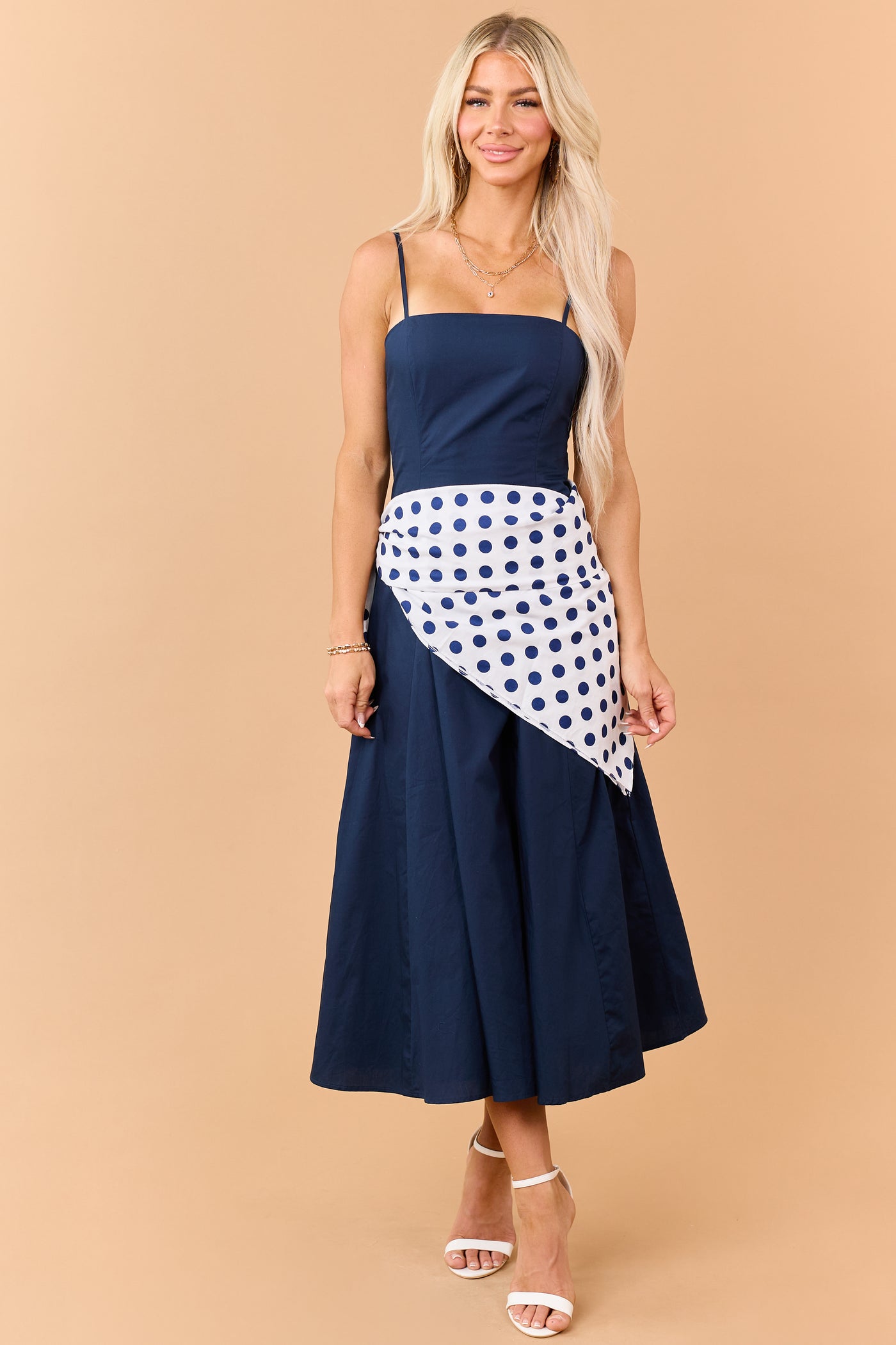 Navy Contrast Polka Dot Waist Wrap Cotton Midi Dress