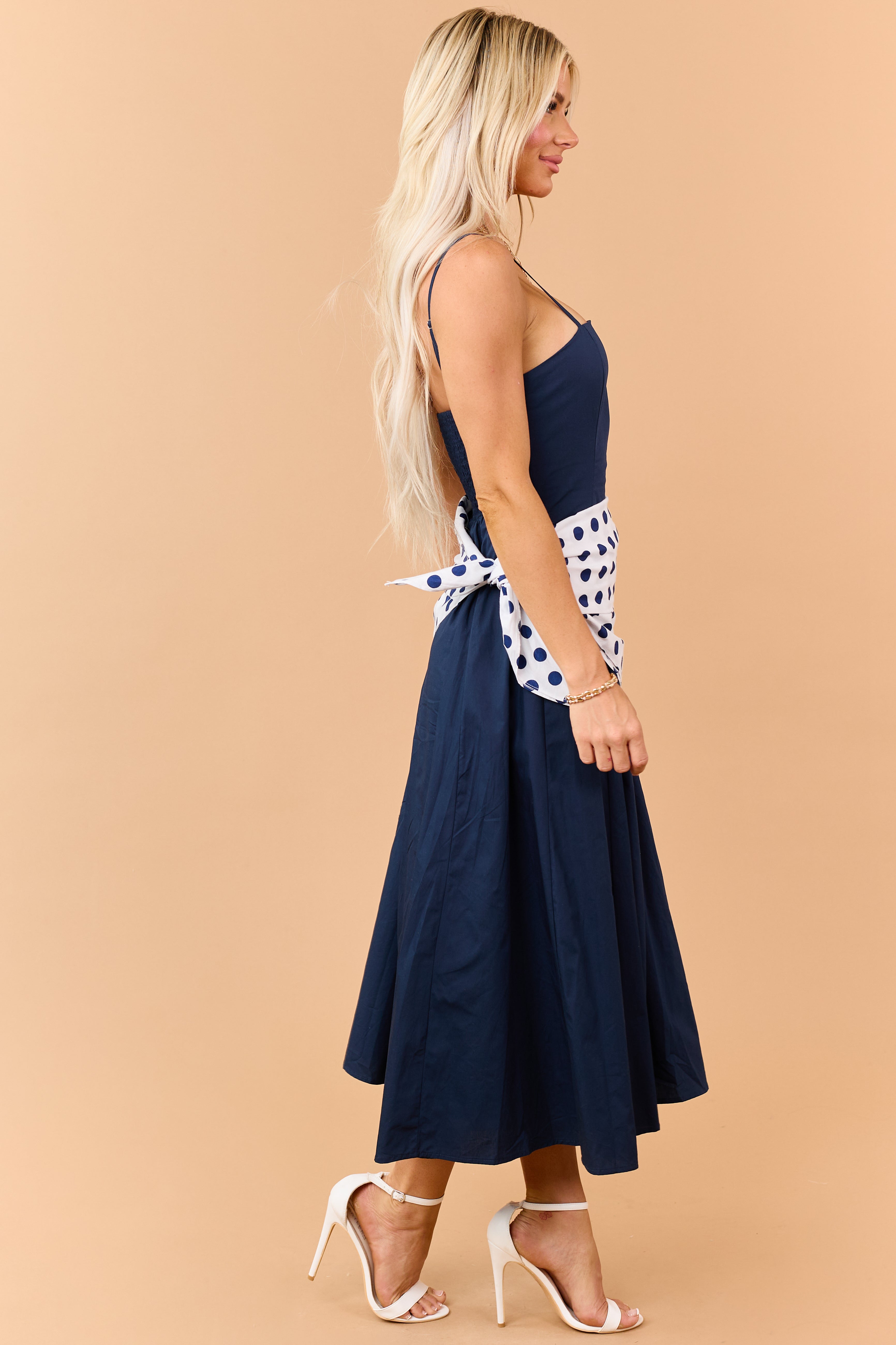 Navy Contrast Polka Dot Waist Wrap Cotton Midi Dress