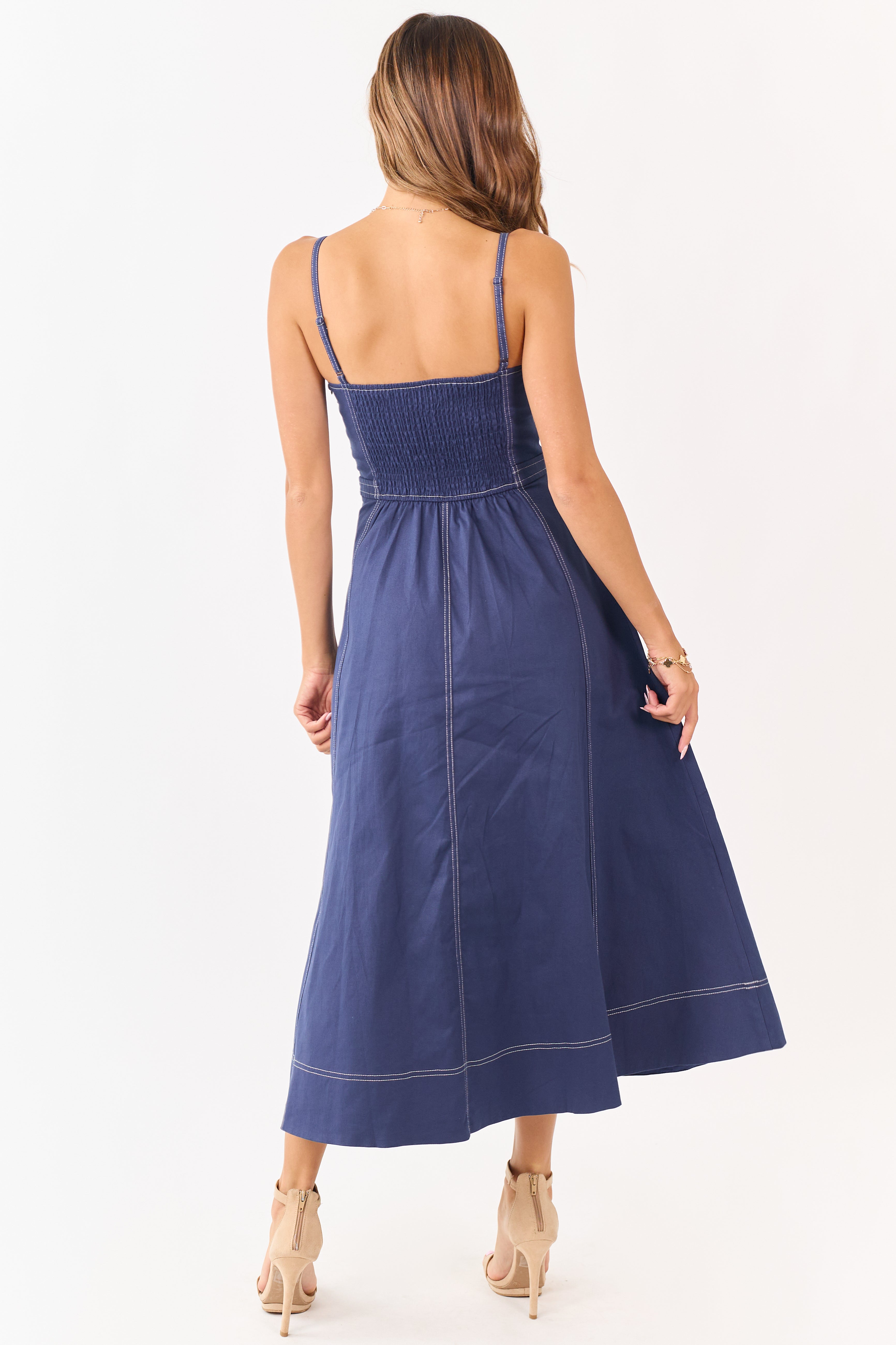 Navy Contrast Stitch Denim A-Line Midi Dress