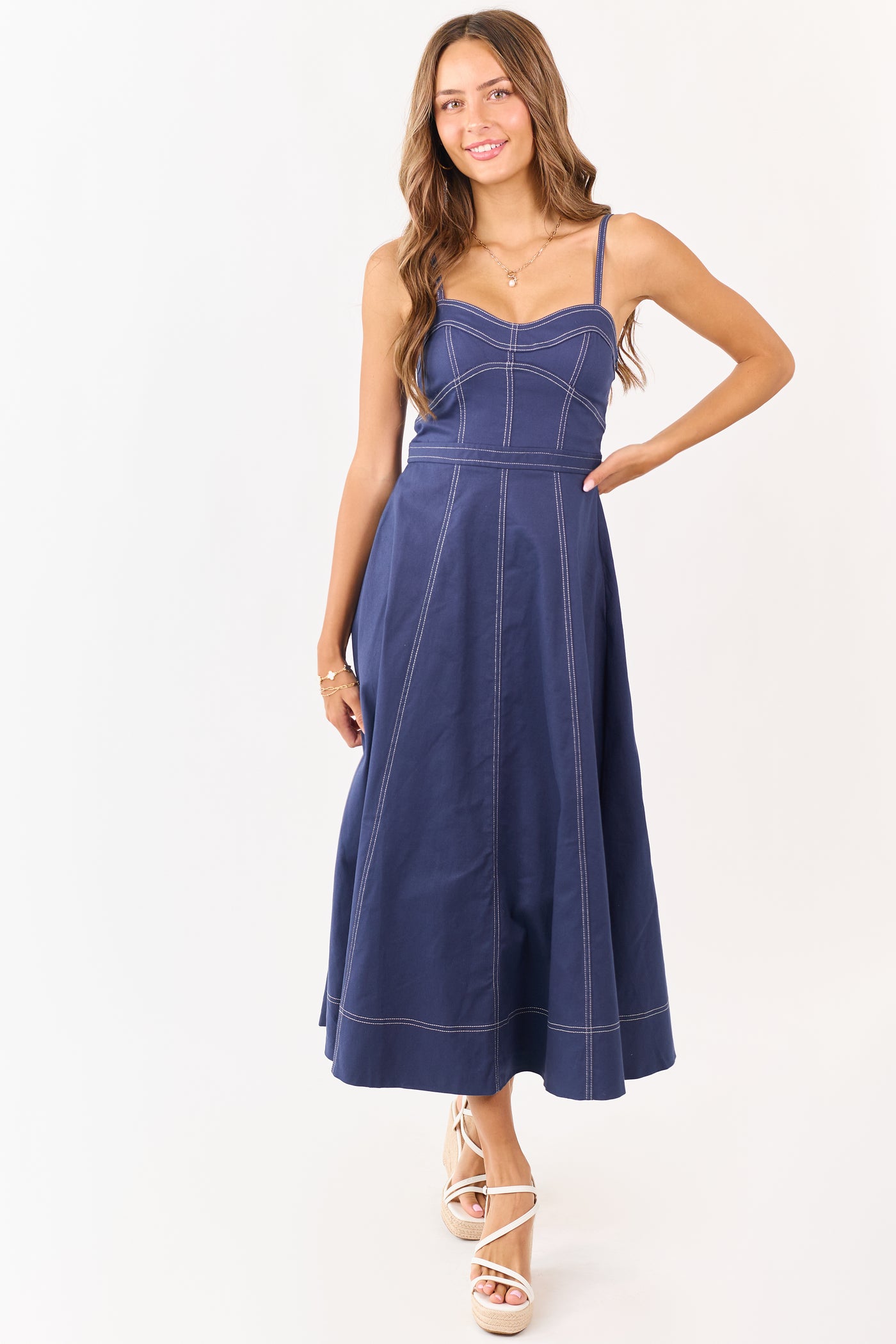 Navy Contrast Stitch Denim A-Line Midi Dress