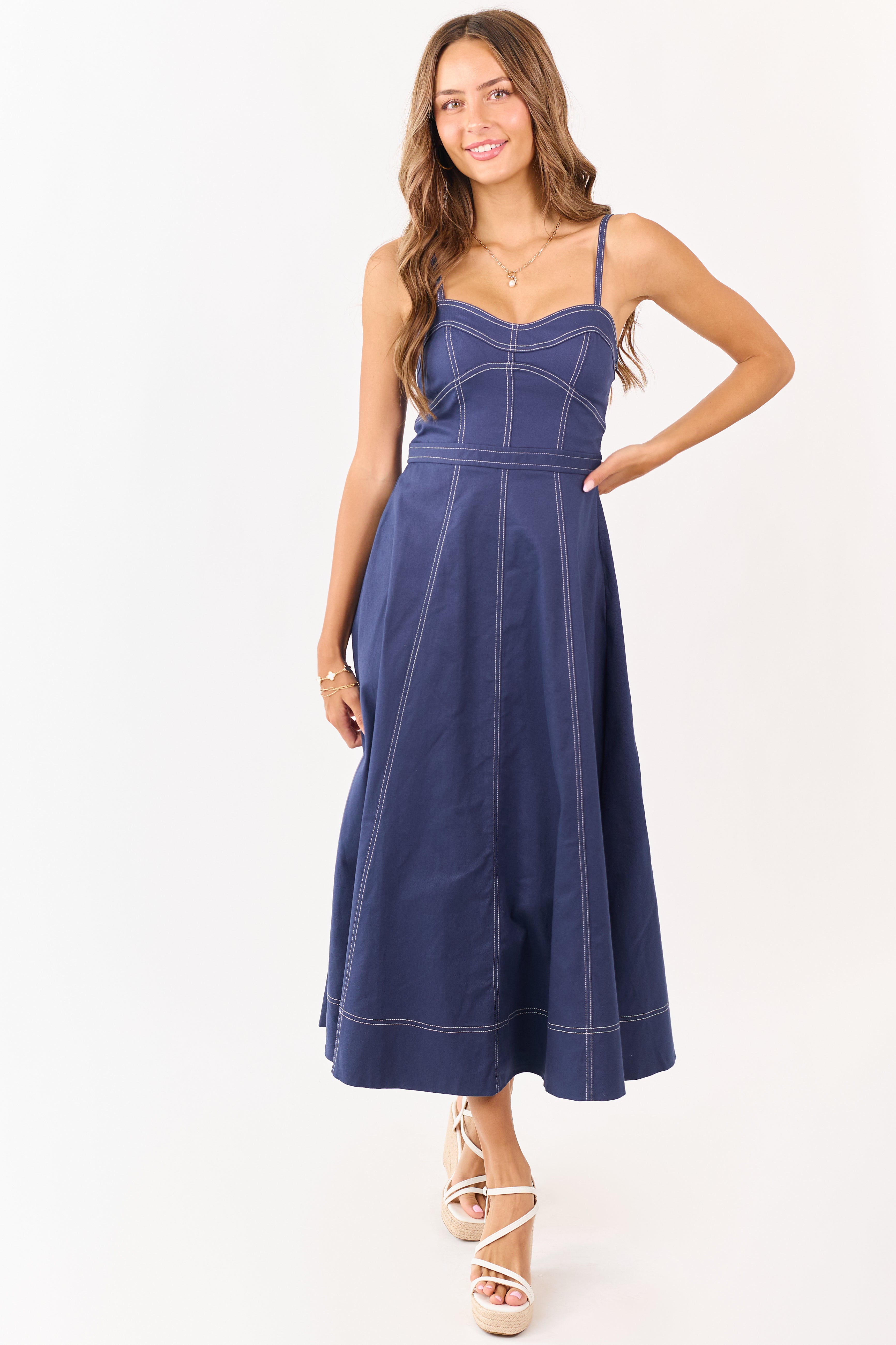Navy Contrast Stitch Denim A-Line Midi Dress