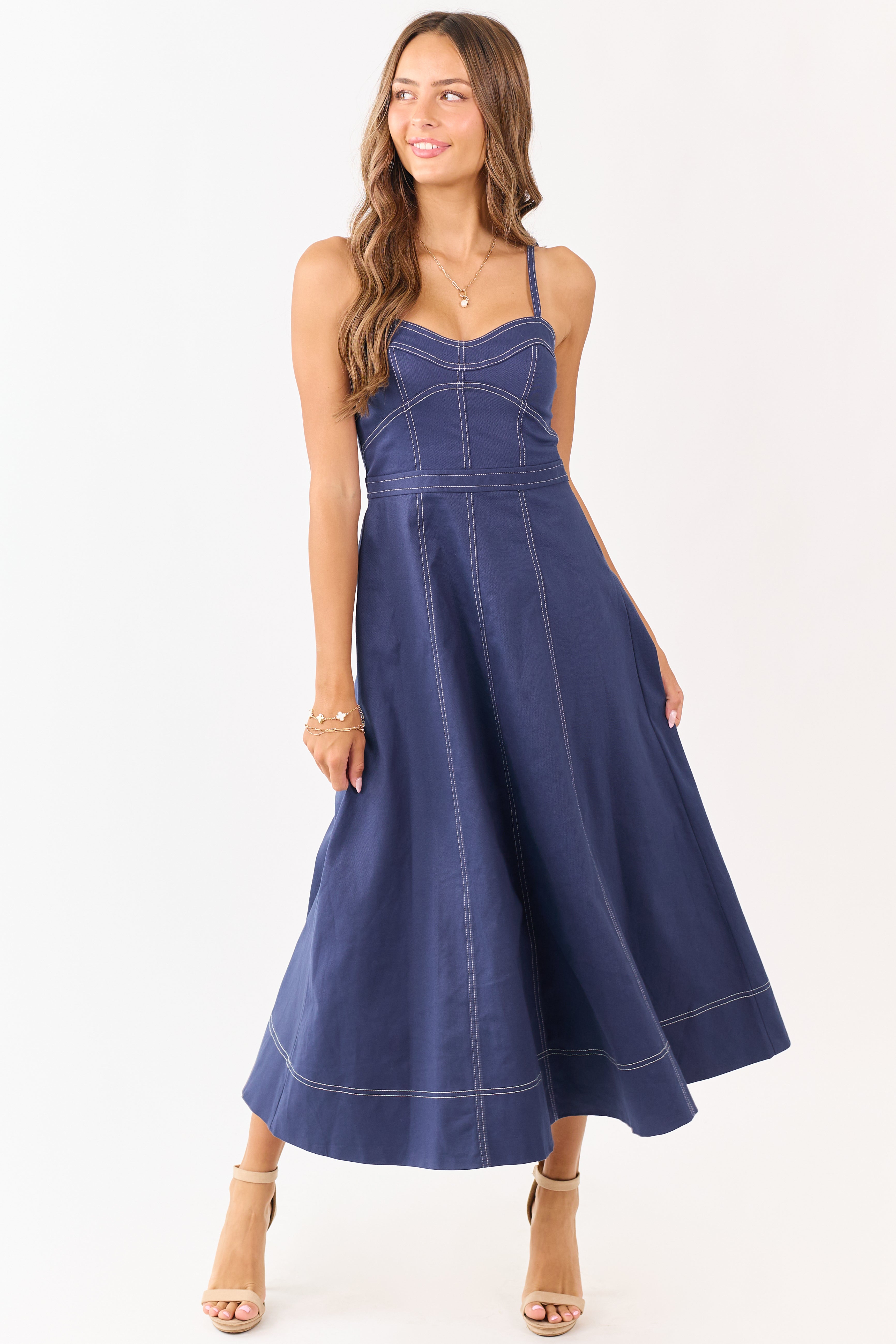 Navy Contrast Stitch Denim A-Line Midi Dress