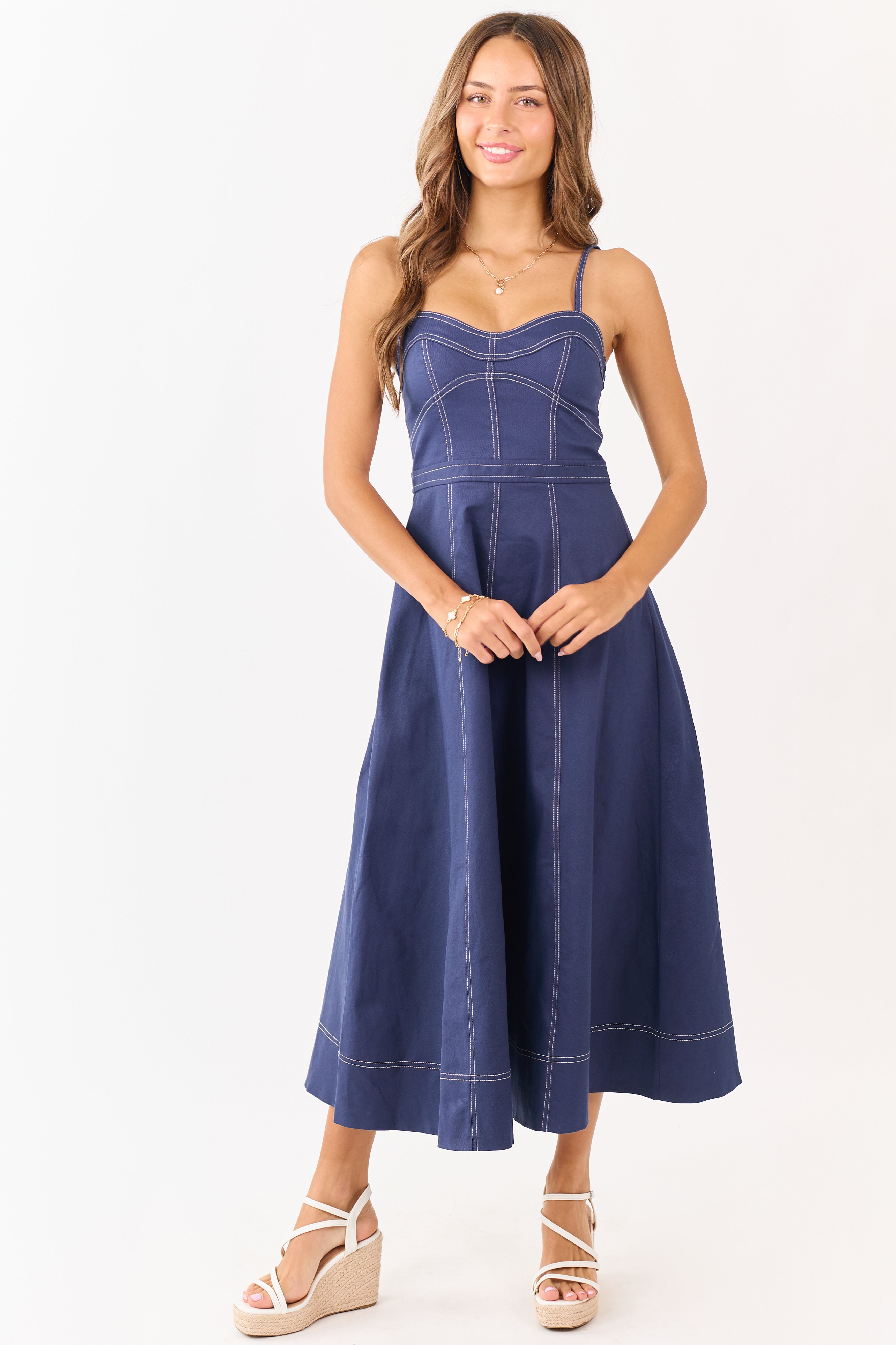 lush denim dress Medium Wash Denim V Notch Neck Flare Mini Dress