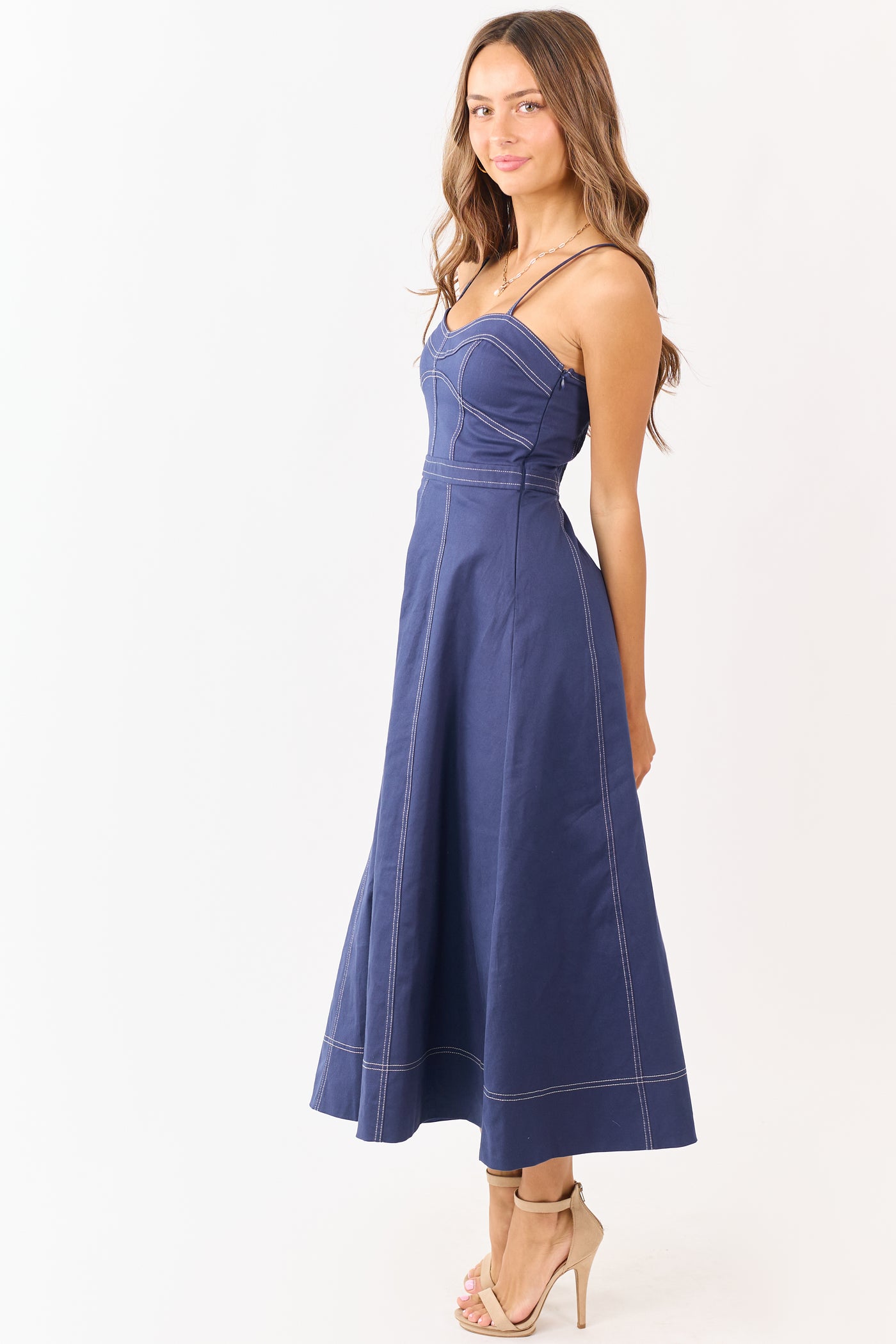 Navy Contrast Stitch Denim A-Line Midi Dress