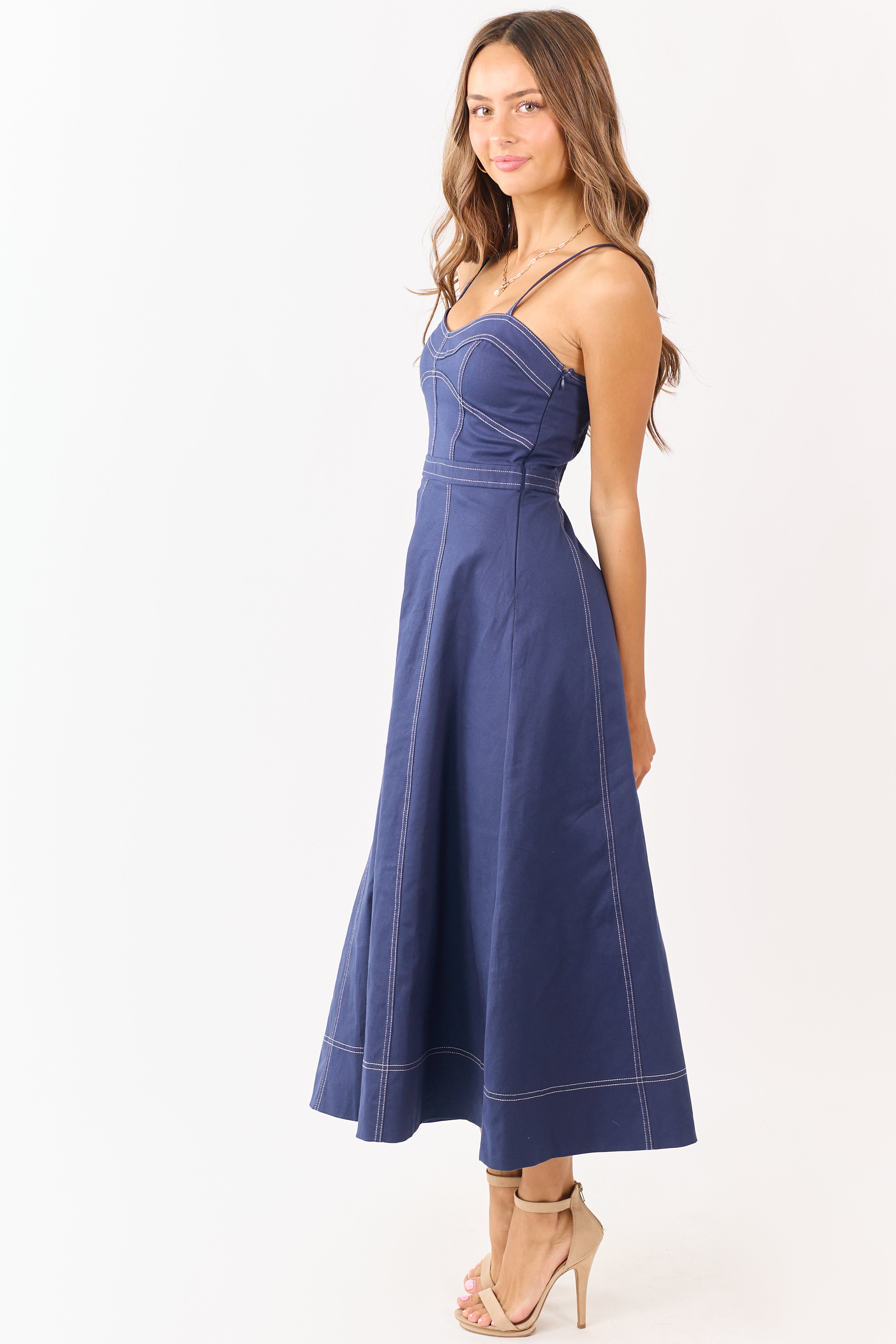 Navy Contrast Stitch Denim A-Line Midi Dress