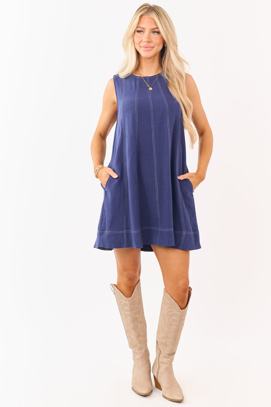 Navy Contrast Stitching Linen Blend Mini Dress