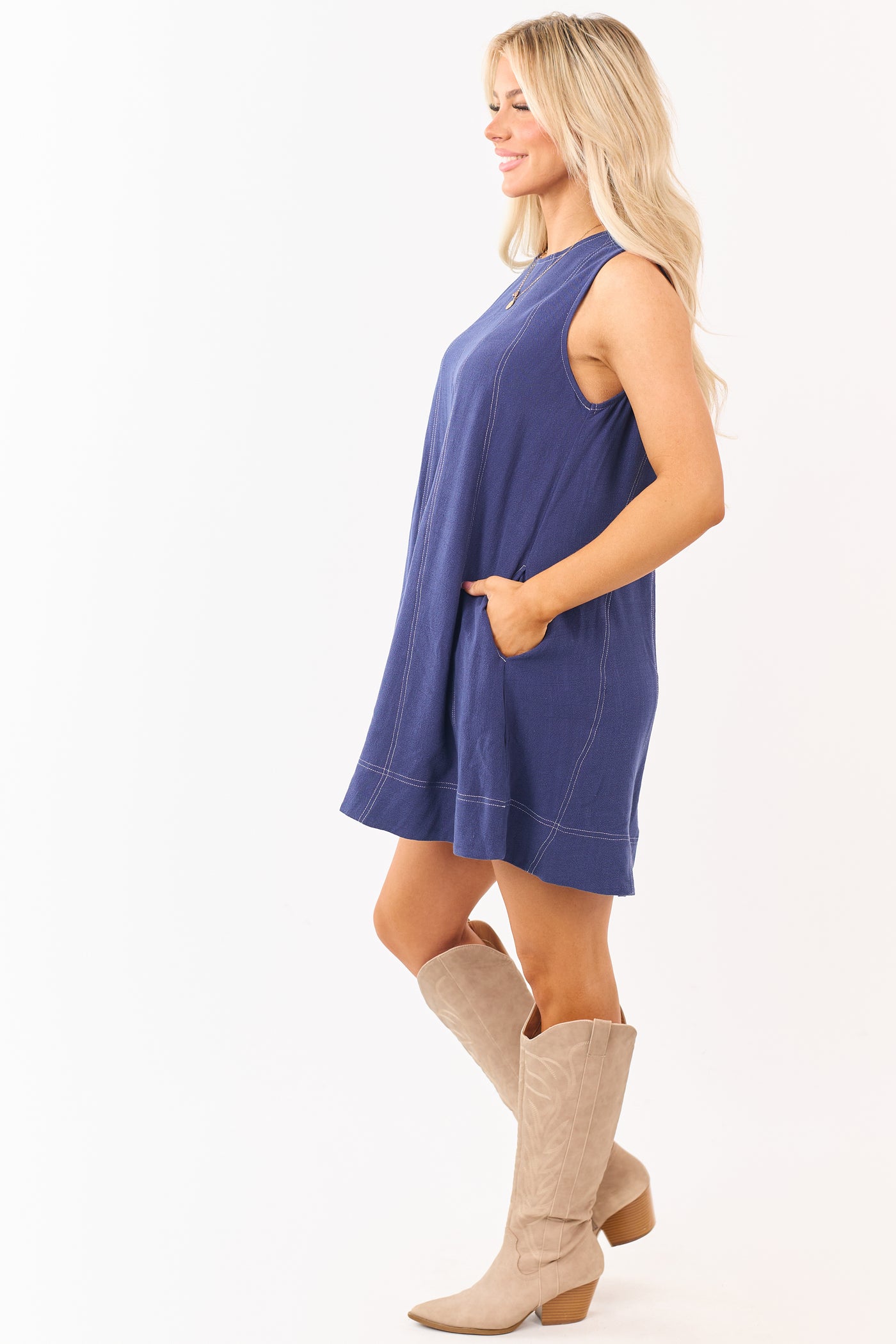Navy Contrast Stitching Linen Blend Mini Dress