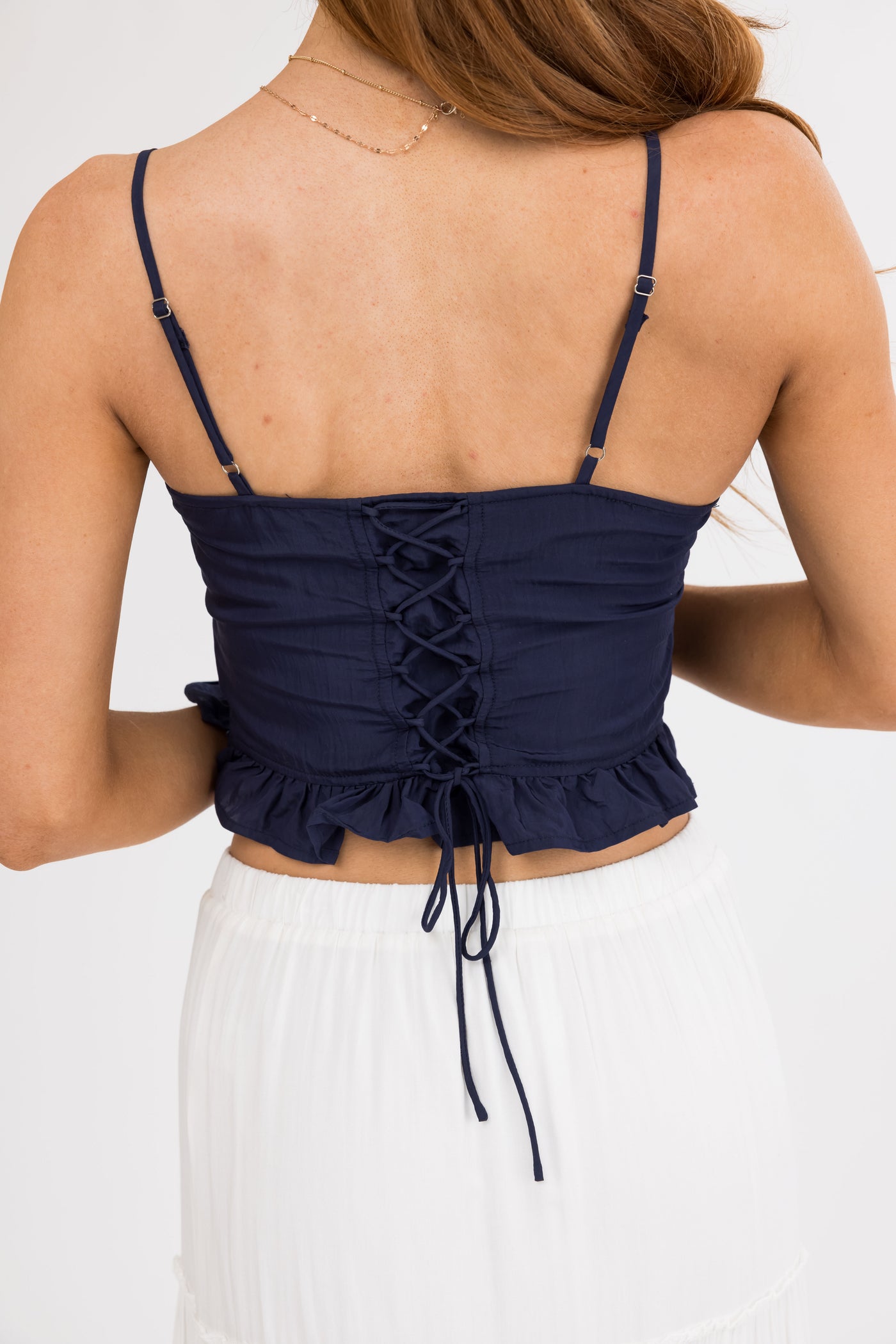 Navy Corset Tank Top with Lace Details