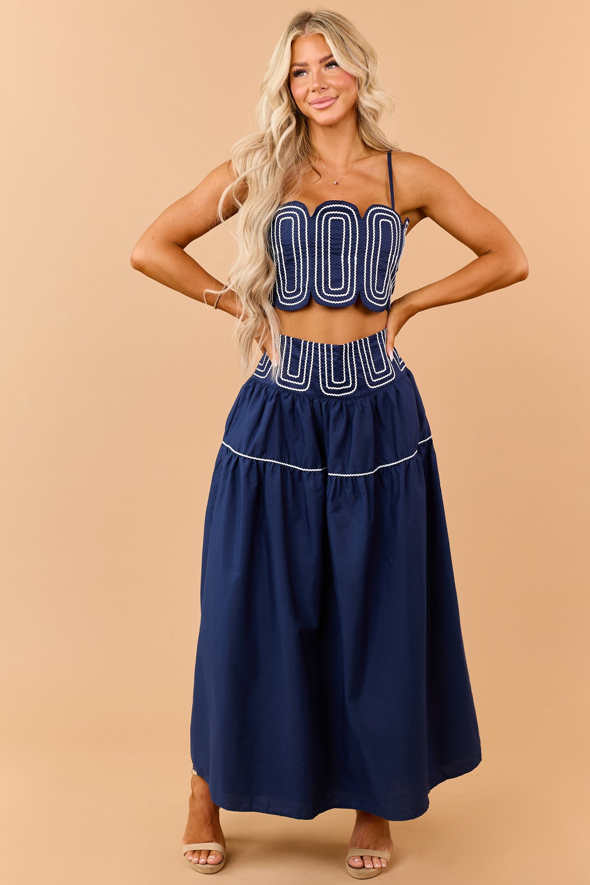 Navy Cotton Contrast Detail Tank Top and Skirt Set