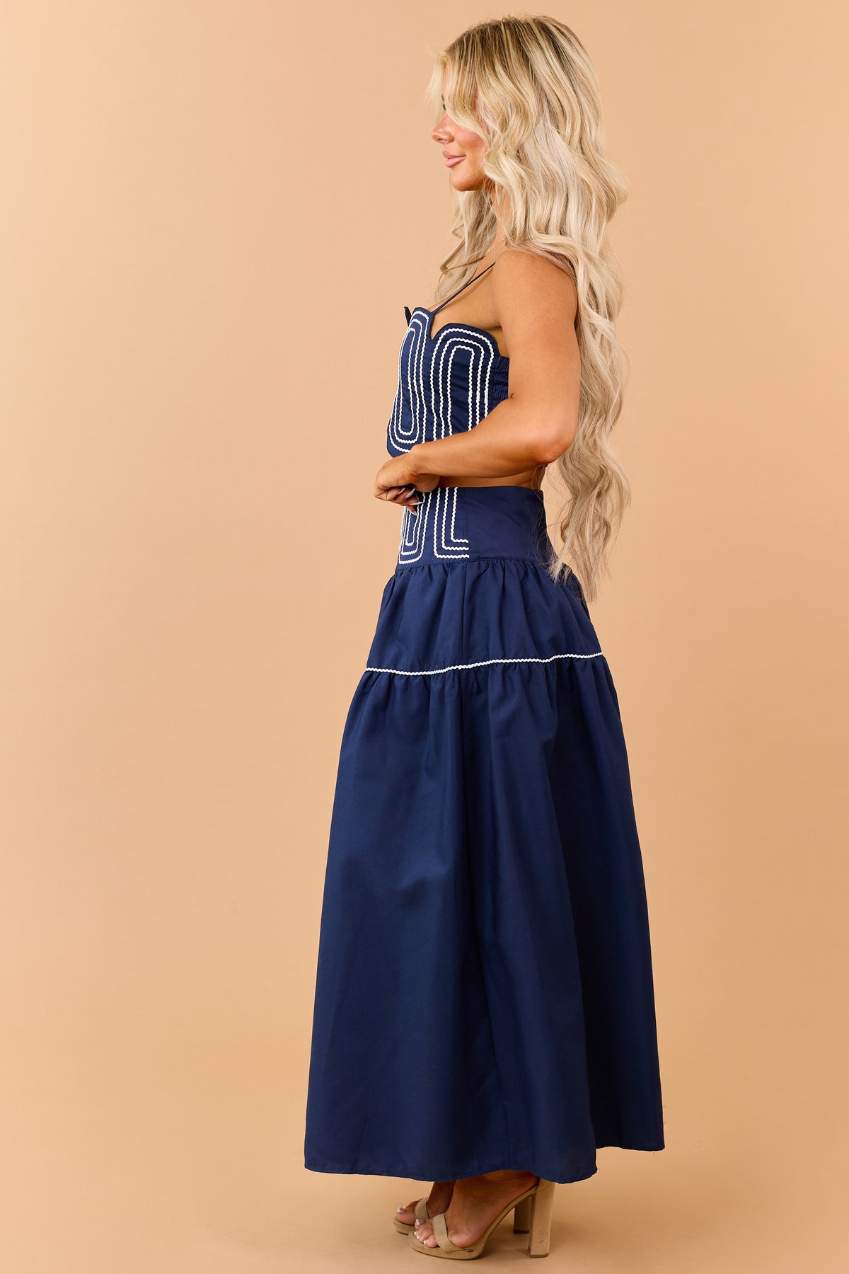Navy Cotton Contrast Detail Tank Top and Skirt Set