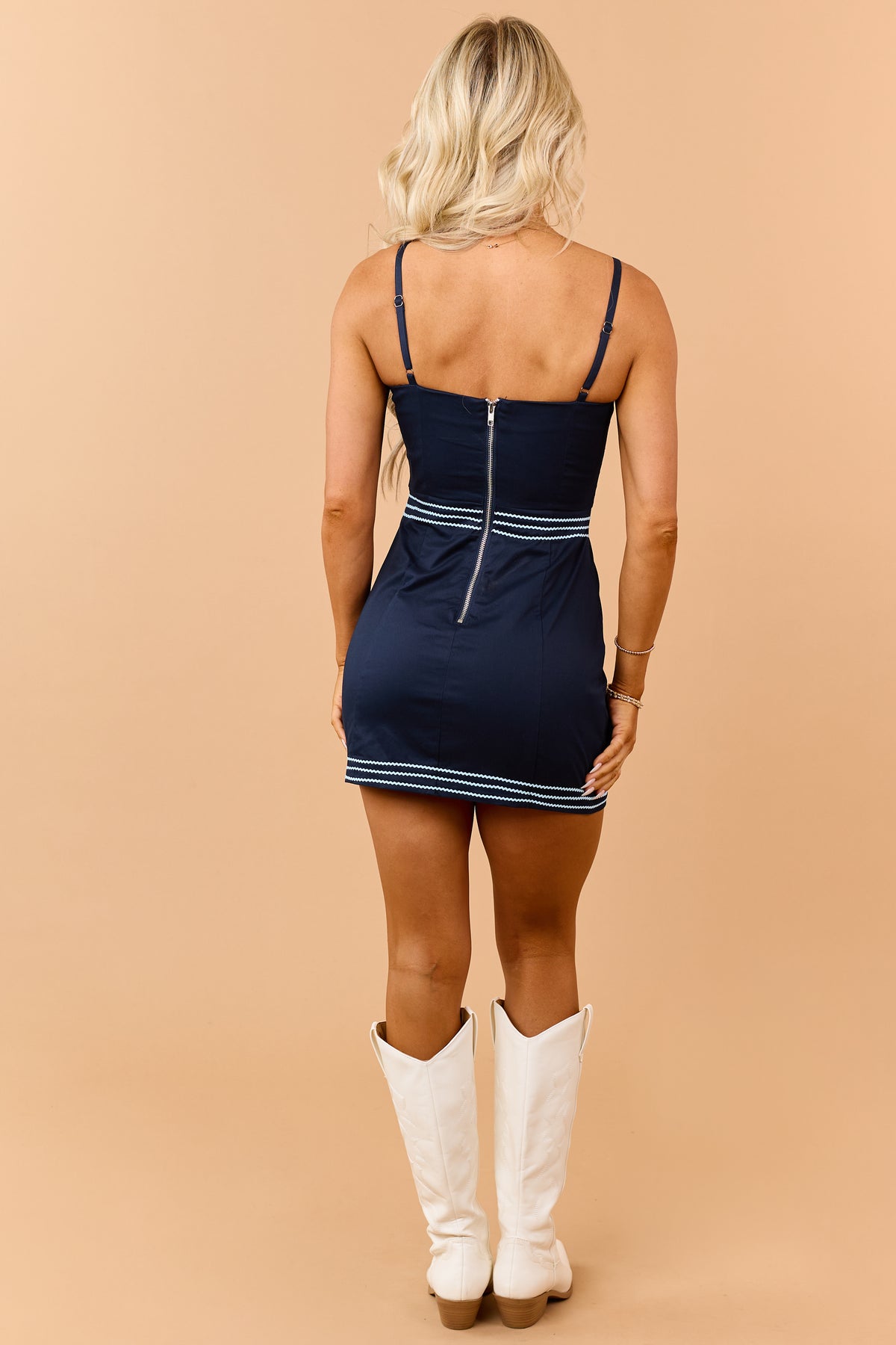 Navy Cotton Contrast Rick Rack Detail Mini Dress