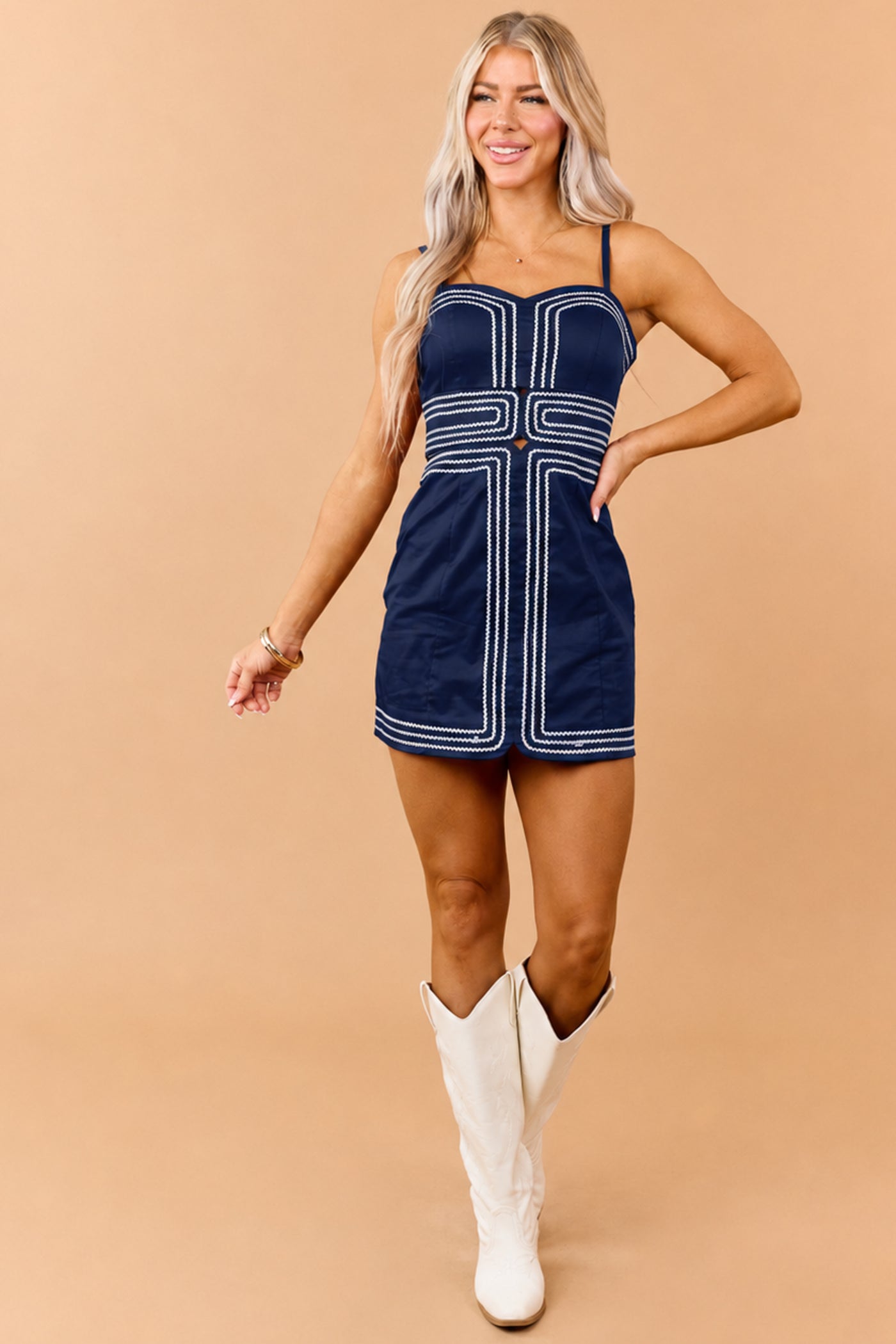 Navy Cotton Contrast Rick Rack Detail Mini Dress