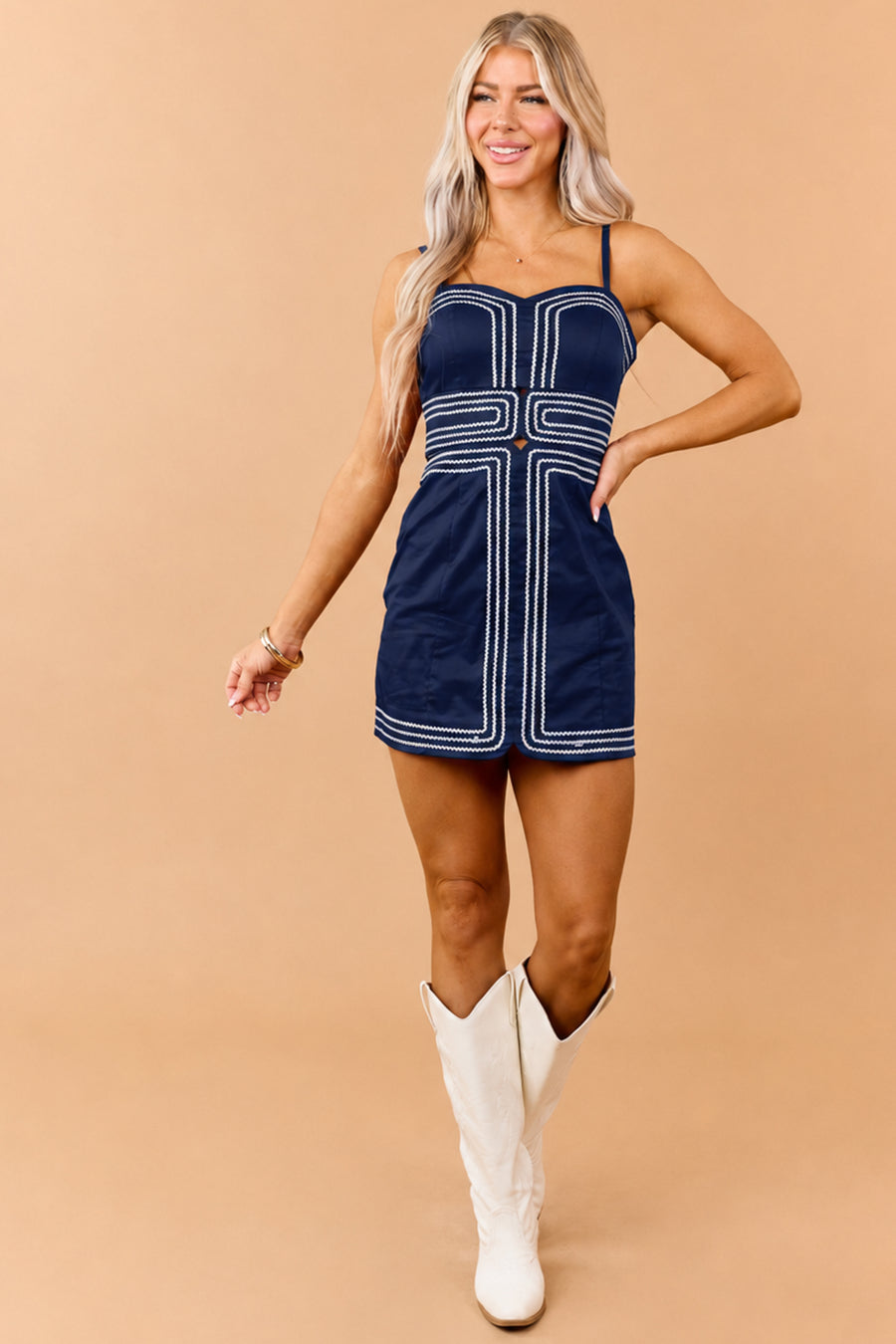 Navy Cotton Contrast Rick Rack Detail Mini Dress