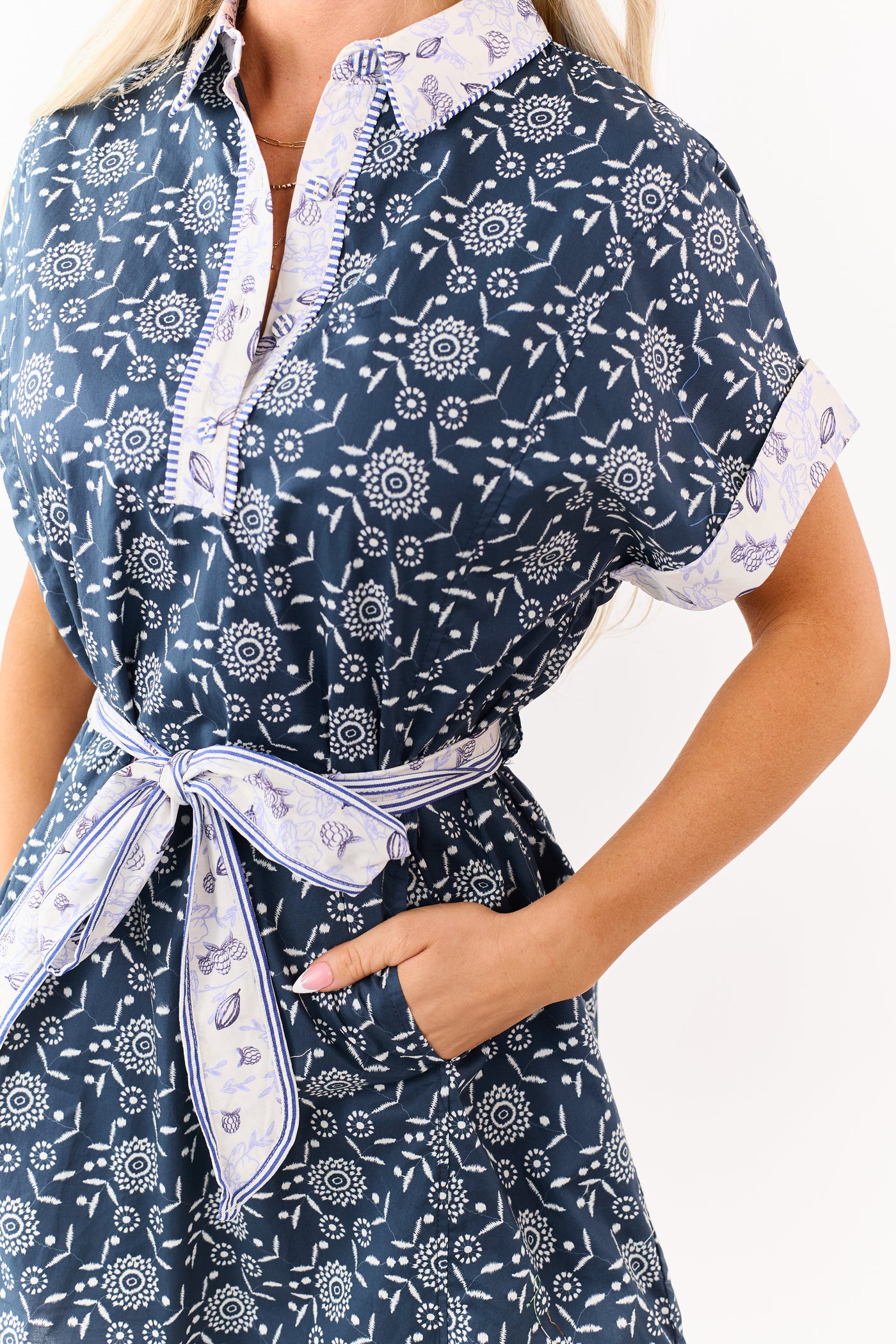 Navy Cotton Floral Contrast Print Mini Dress