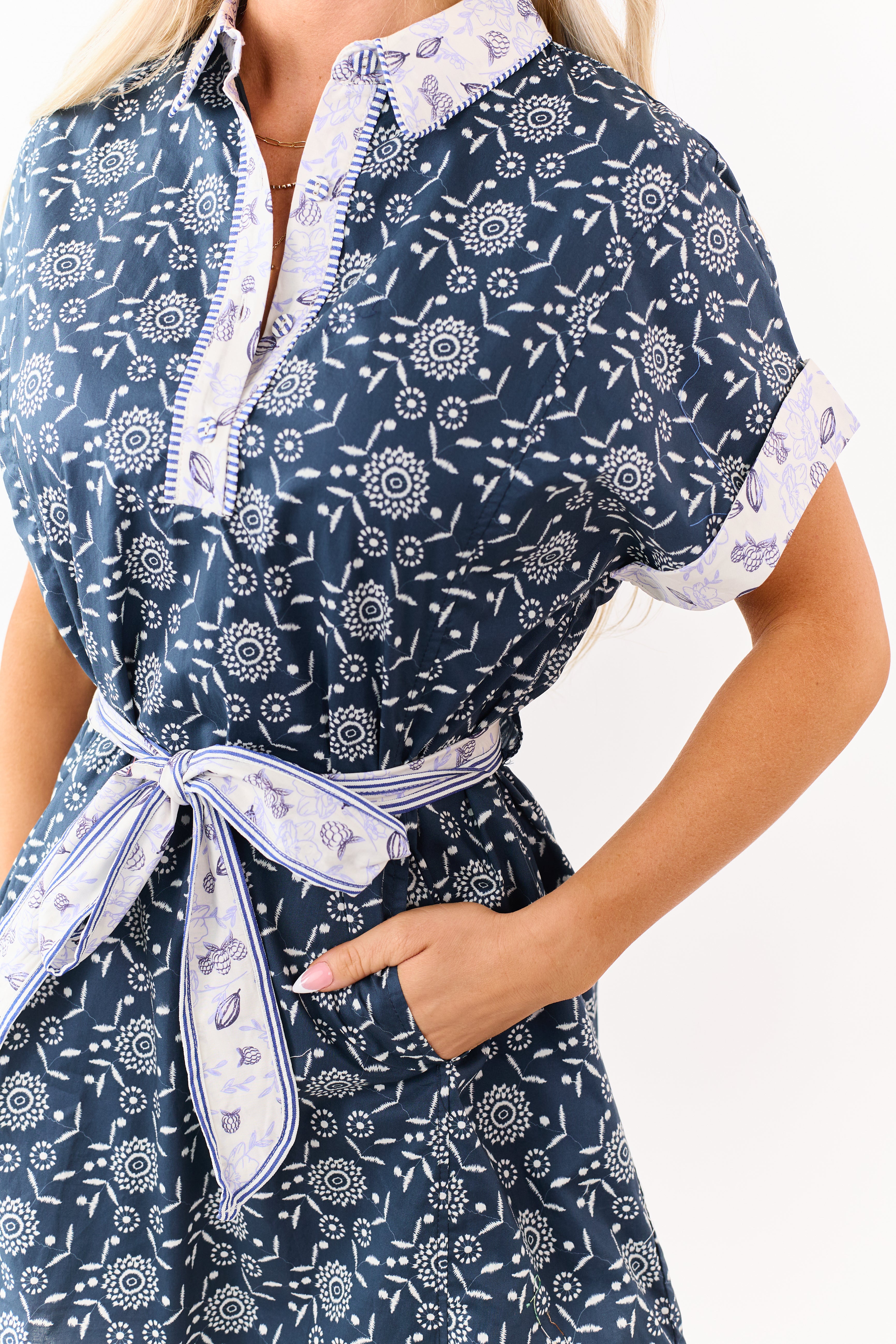 Navy Cotton Floral Contrast Print Mini Dress