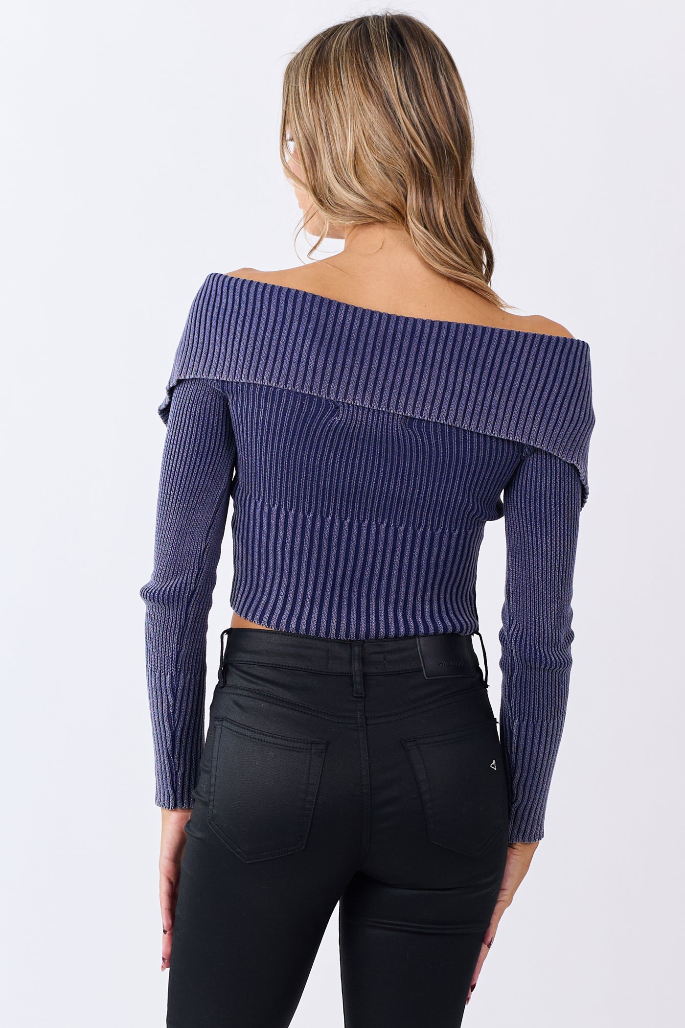 Navy Cotton Off Shoulder Zip Up Sweater Jacket