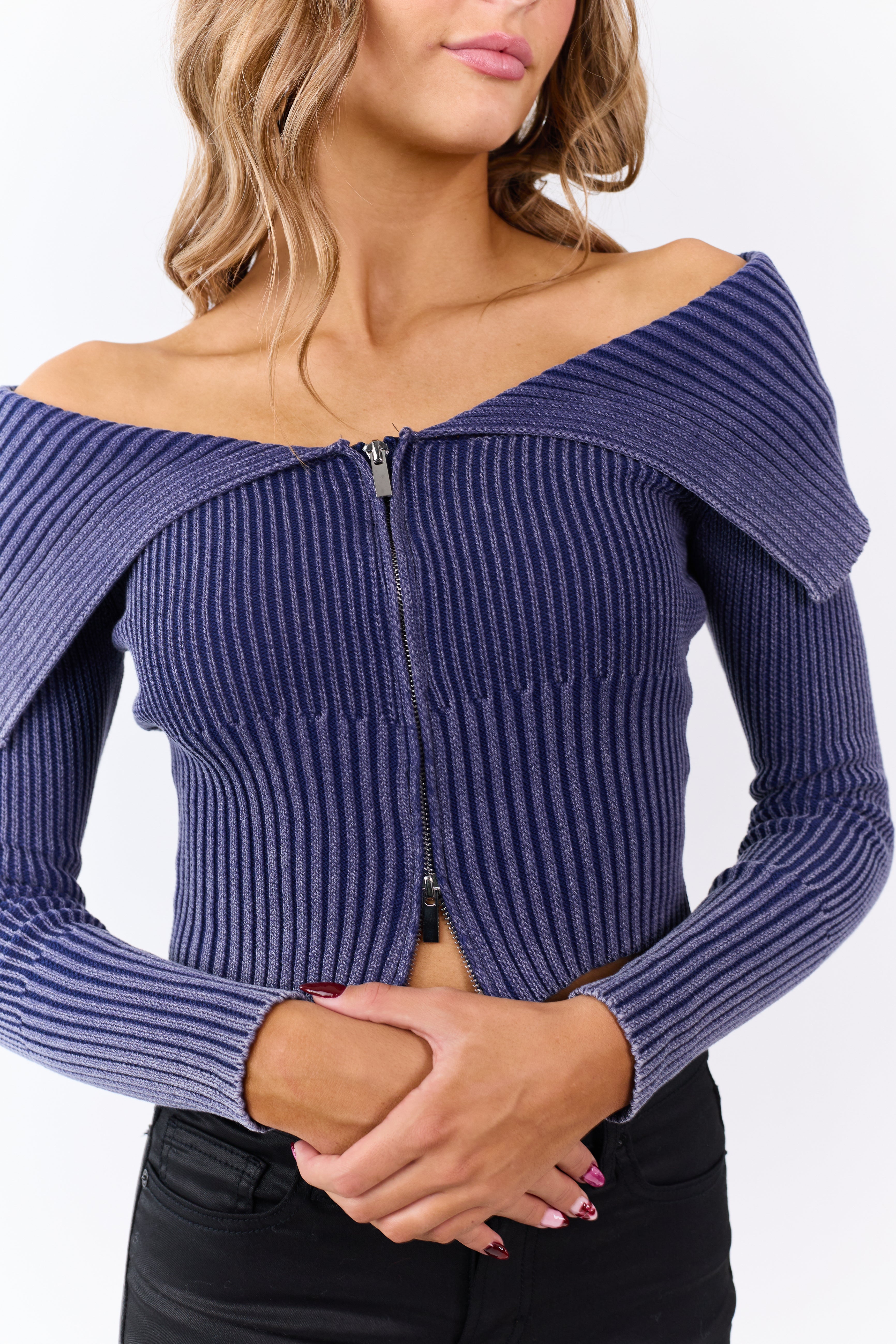 Navy Cotton Off Shoulder Zip Up Sweater Jacket