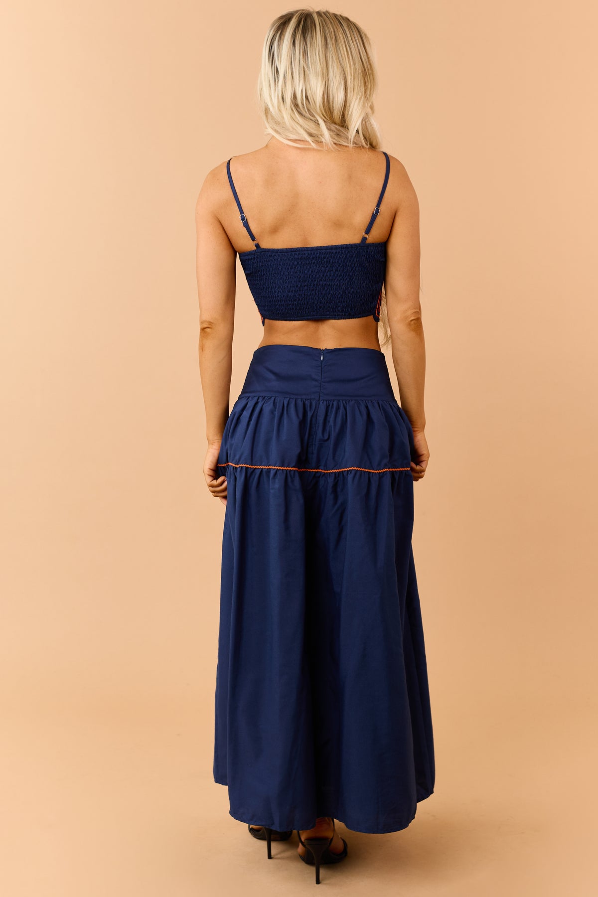 Navy Cotton Orange Detail Tank Top and Skirt Set