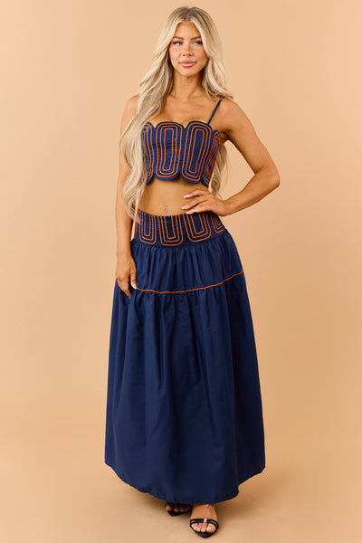 Navy Cotton Orange Detail Tank Top and Skirt Set
