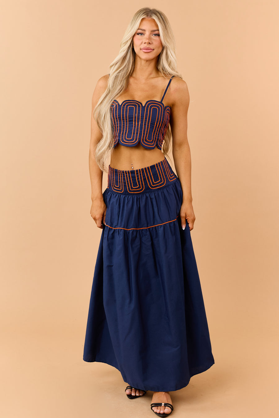 Navy Cotton Orange Detail Tank Top and Skirt Set