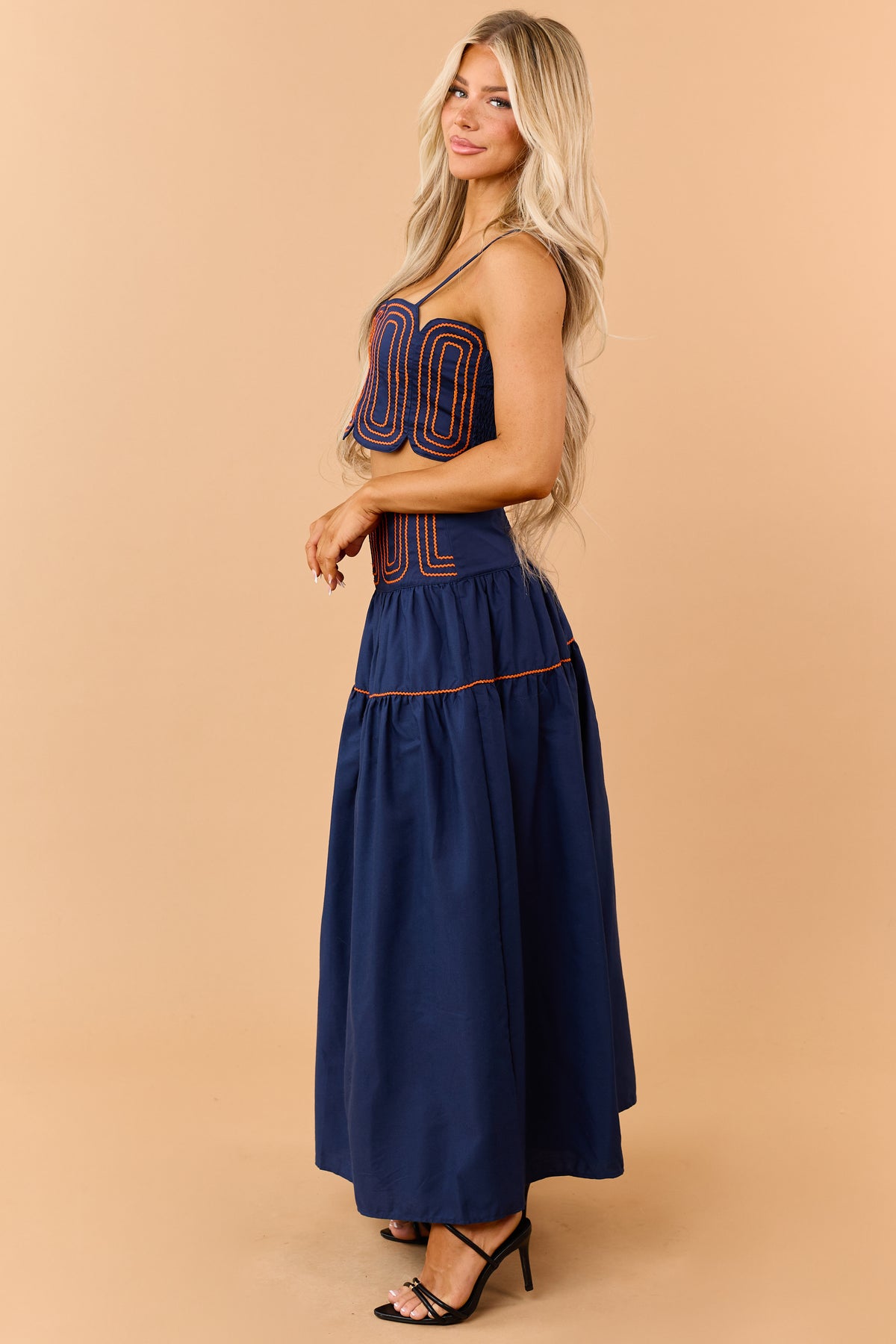 Navy Cotton Orange Detail Tank Top and Skirt Set