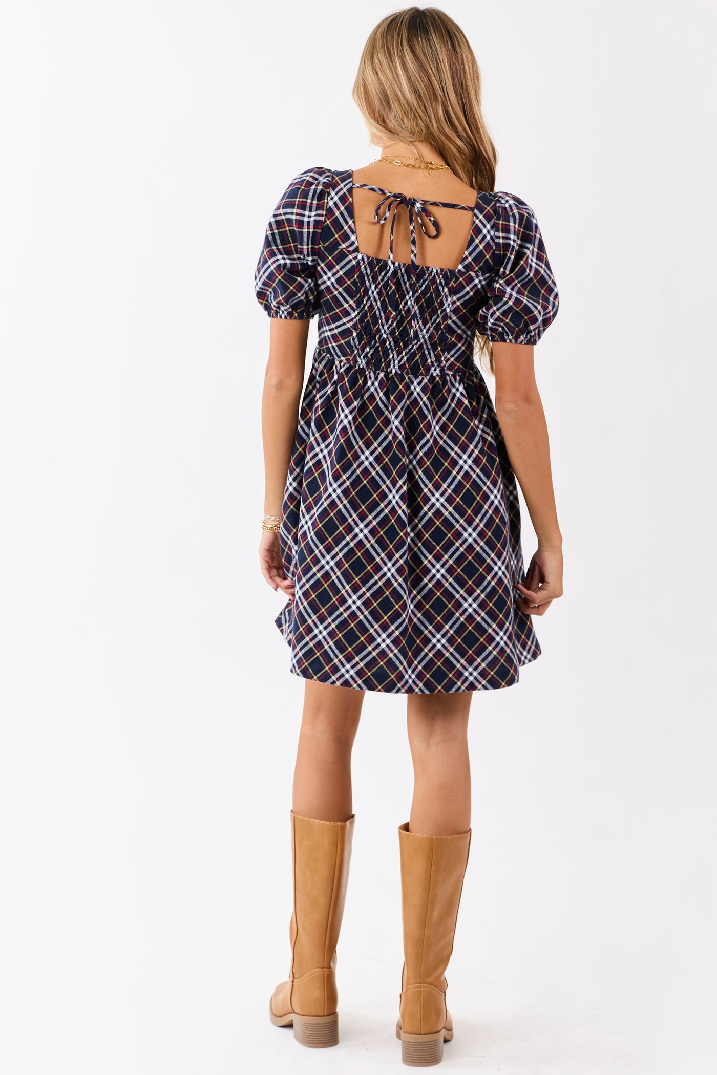 Navy Cotton Plaid Puff Sleeve Square Neck Mini Dress