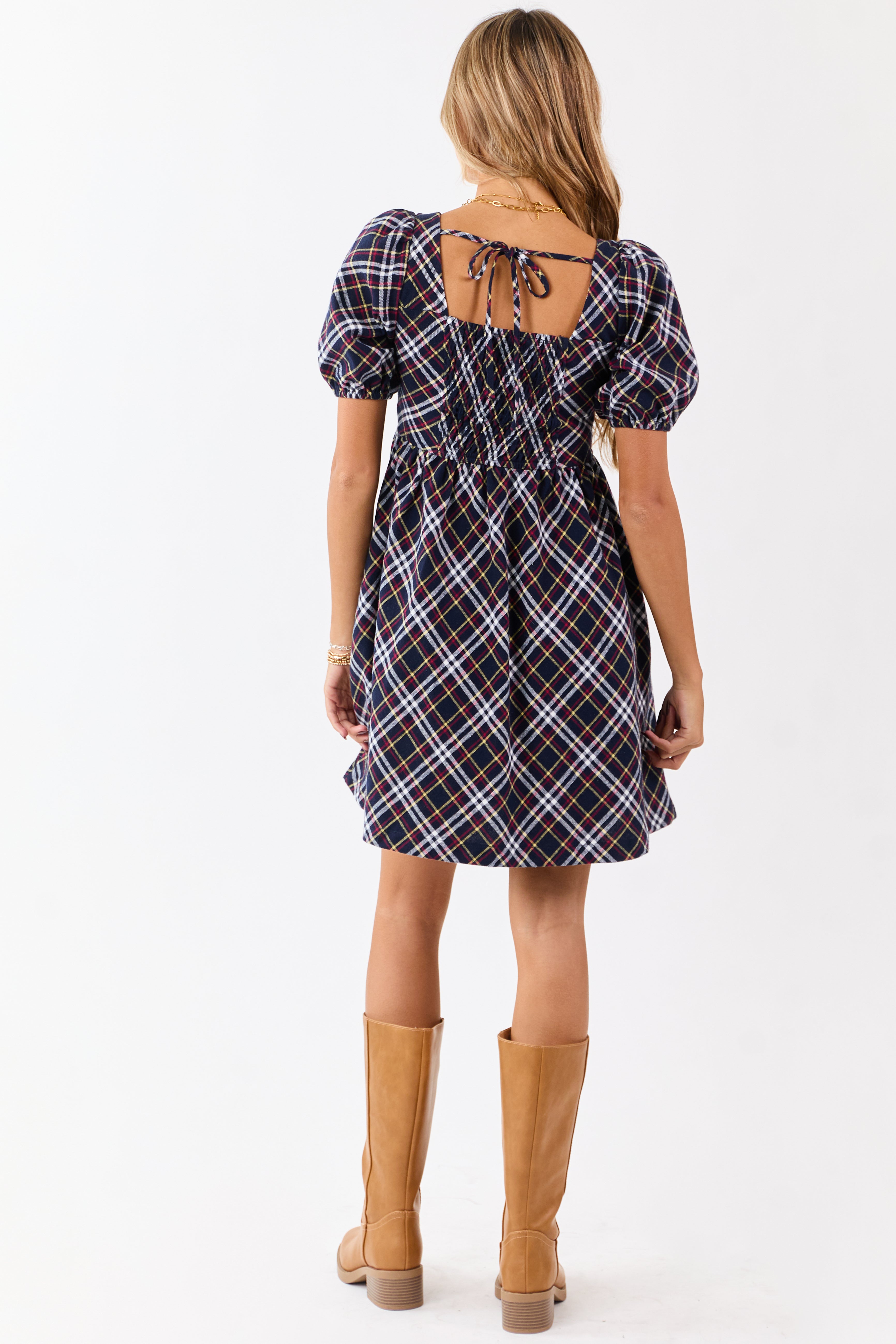 Navy Cotton Plaid Puff Sleeve Square Neck Mini Dress