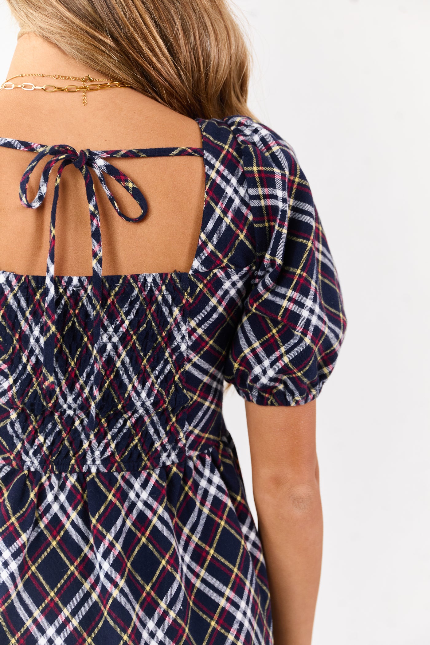 Navy Cotton Plaid Puff Sleeve Square Neck Mini Dress