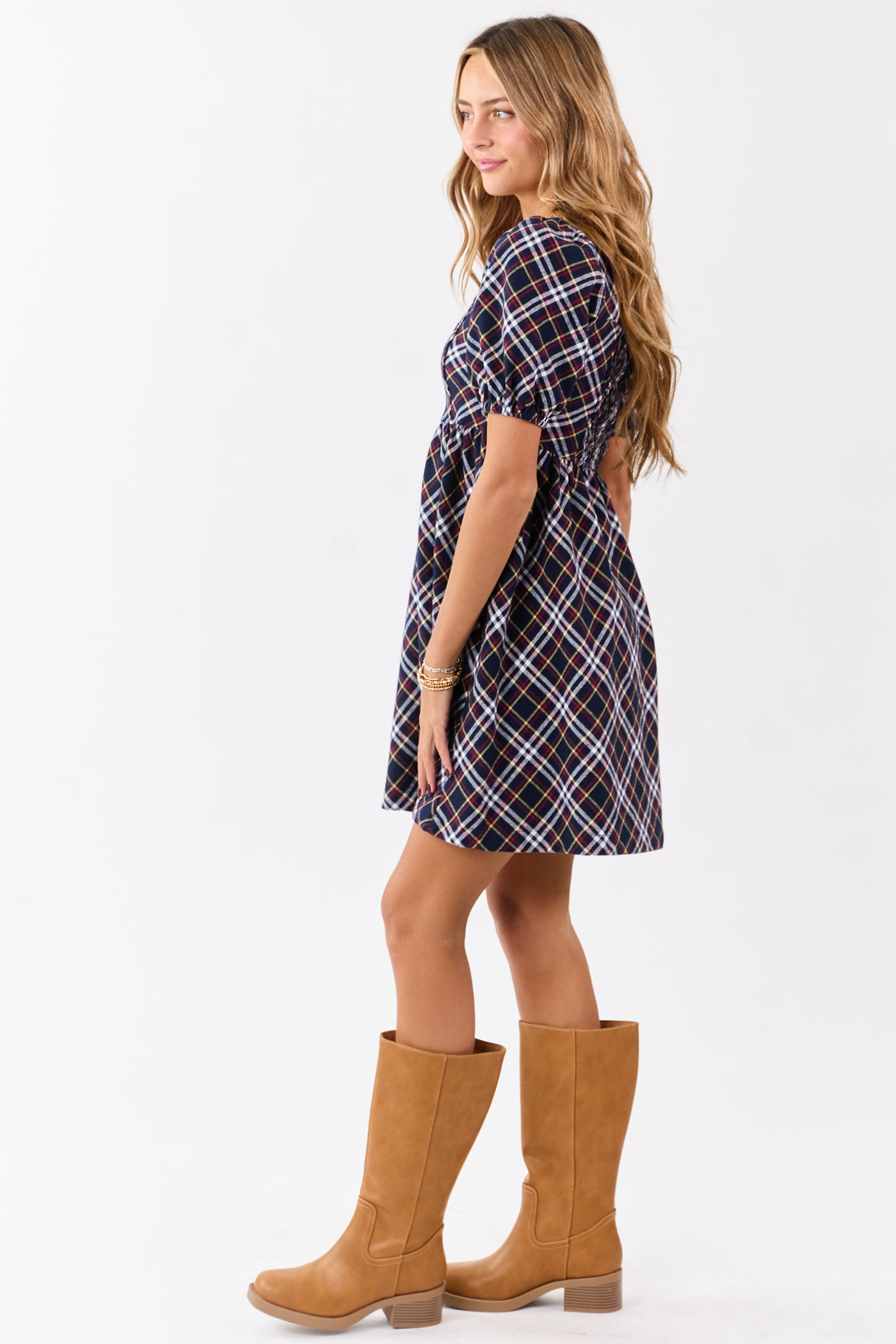 Navy Cotton Plaid Puff Sleeve Square Neck Mini Dress