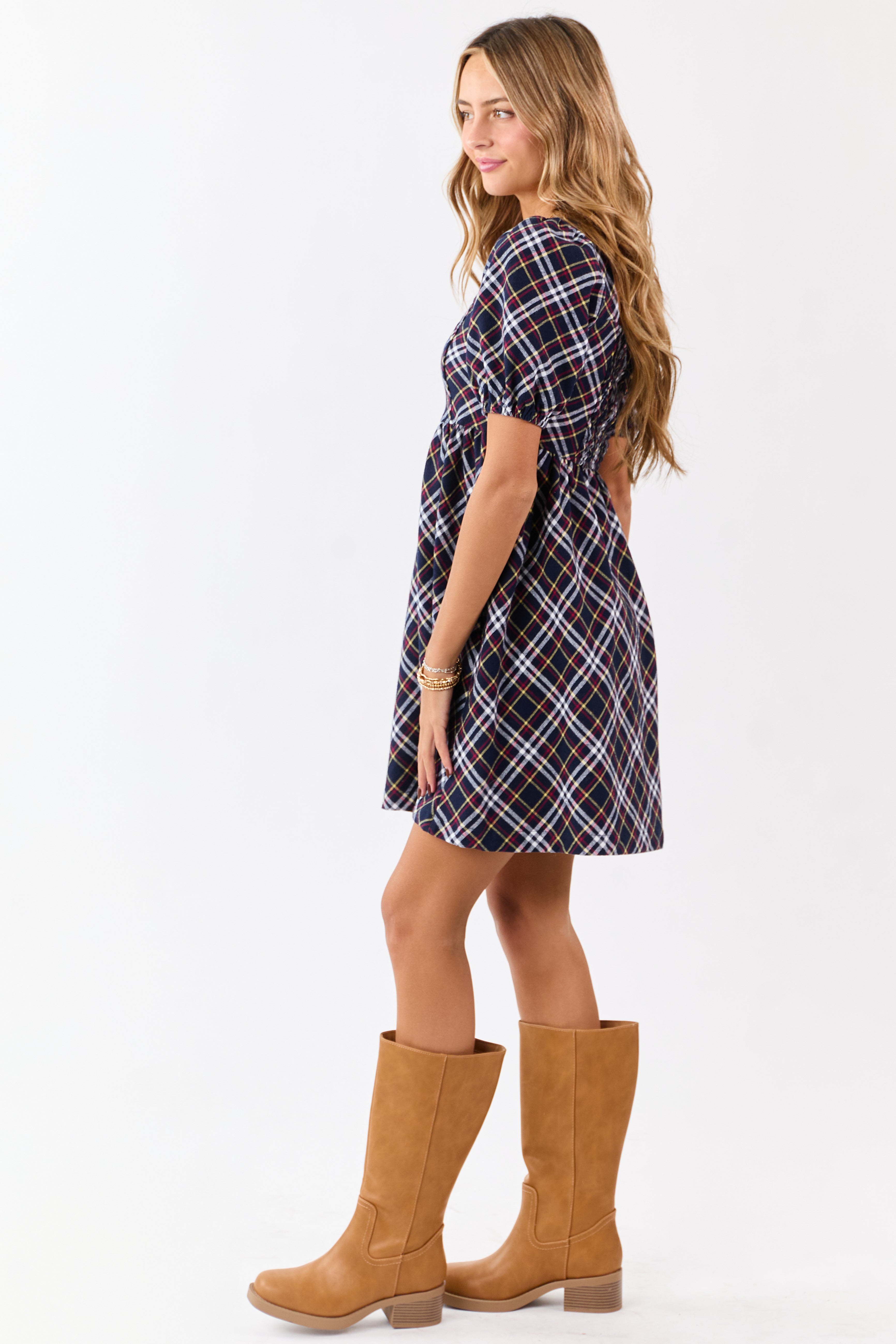 Navy Cotton Plaid Puff Sleeve Square Neck Mini Dress