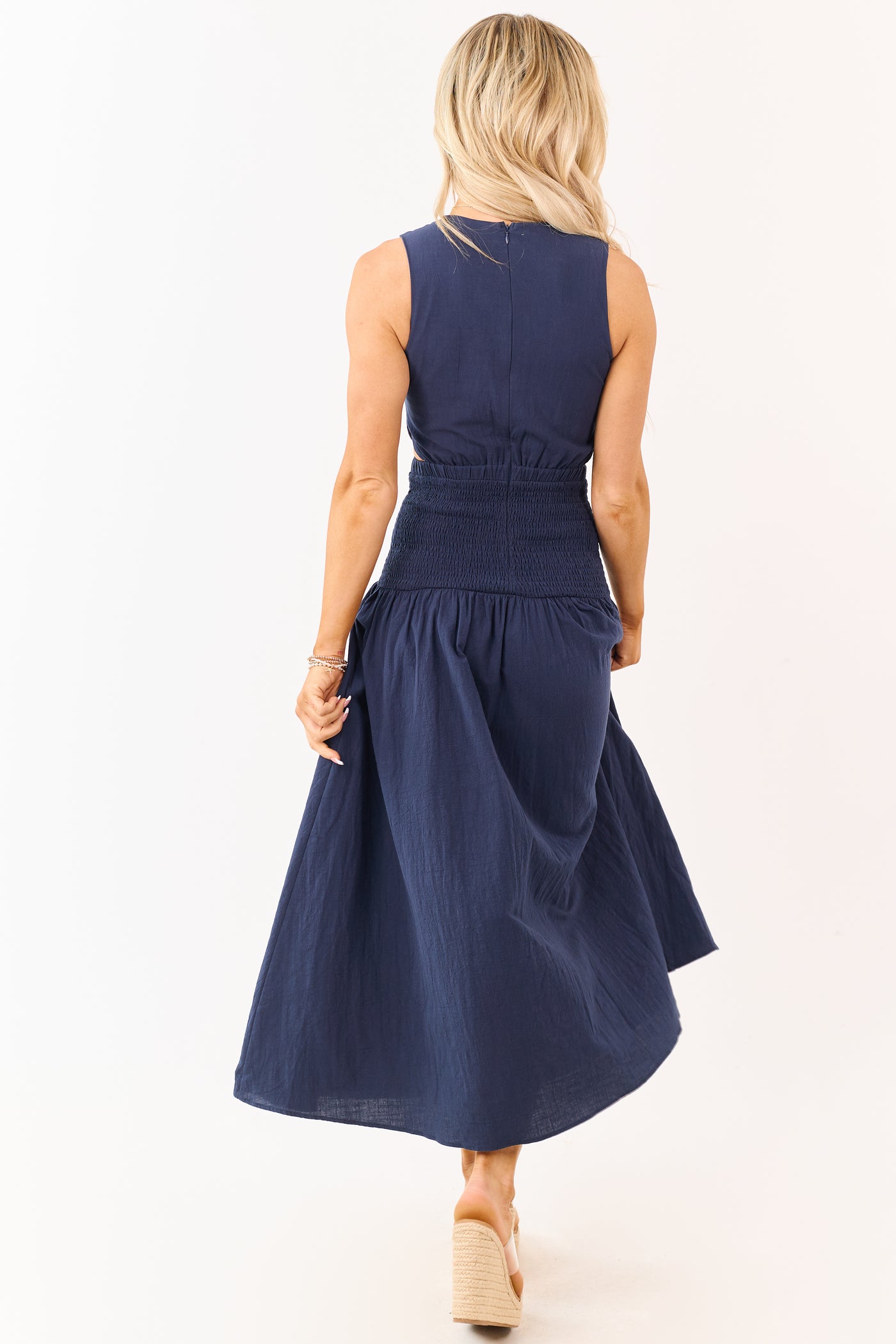 Navy Cotton Side Cut Out Smocked Waist Maxi Dress