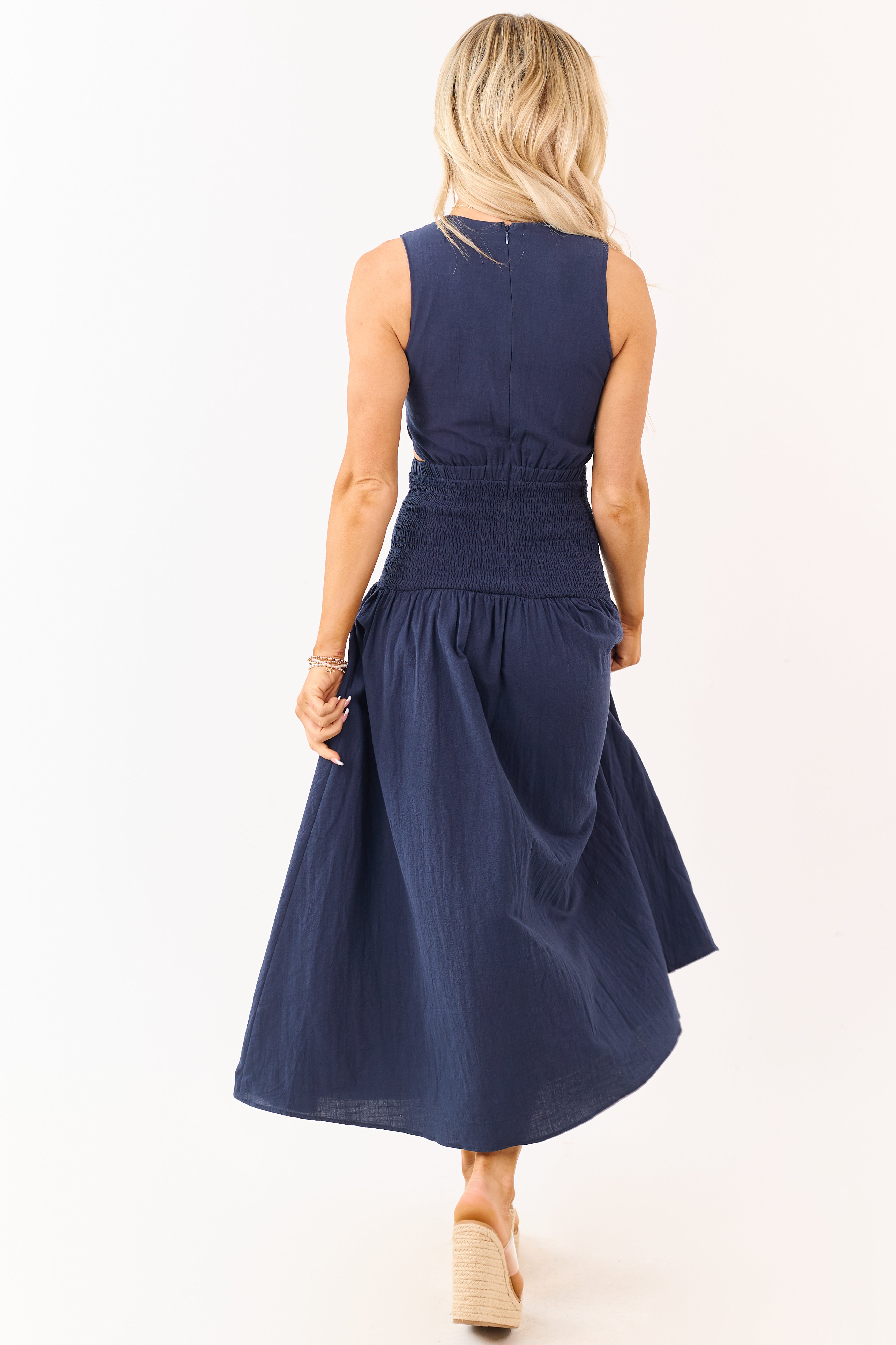 Navy Cotton Side Cut Out Smocked Waist Maxi Dress
