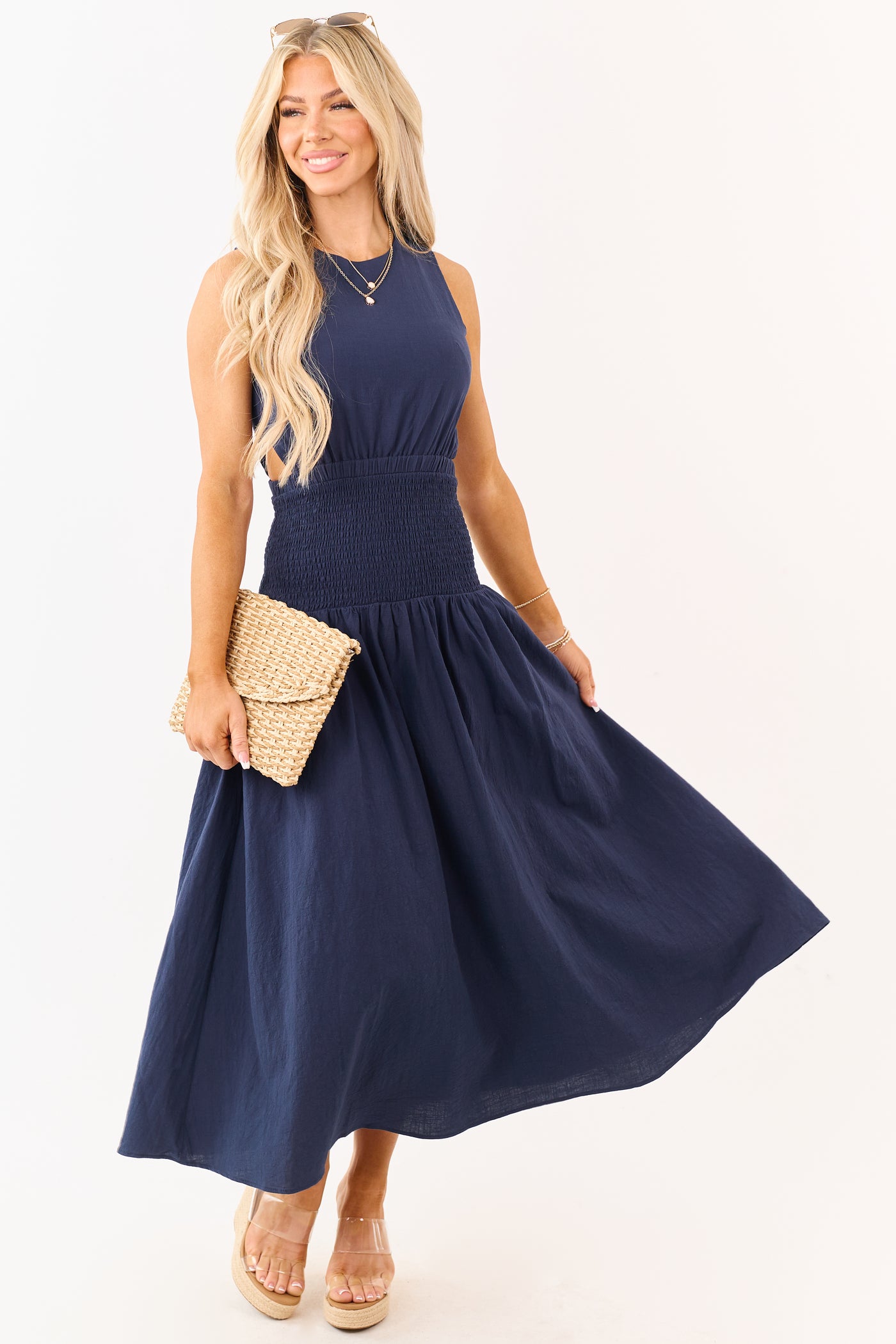 Navy Cotton Side Cut Out Smocked Waist Maxi Dress