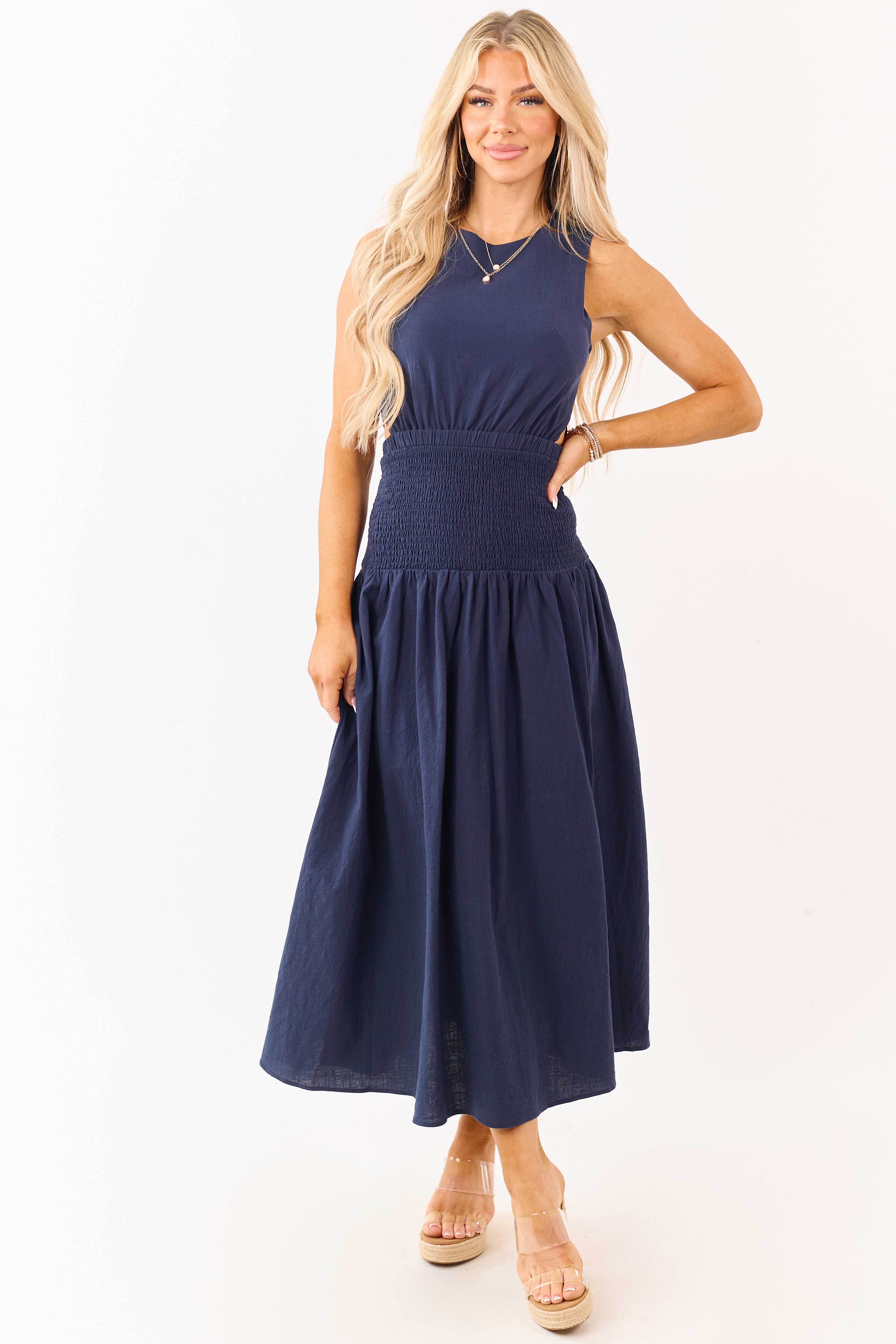 Navy Cotton Side Cut Out Smocked Waist Maxi Dress