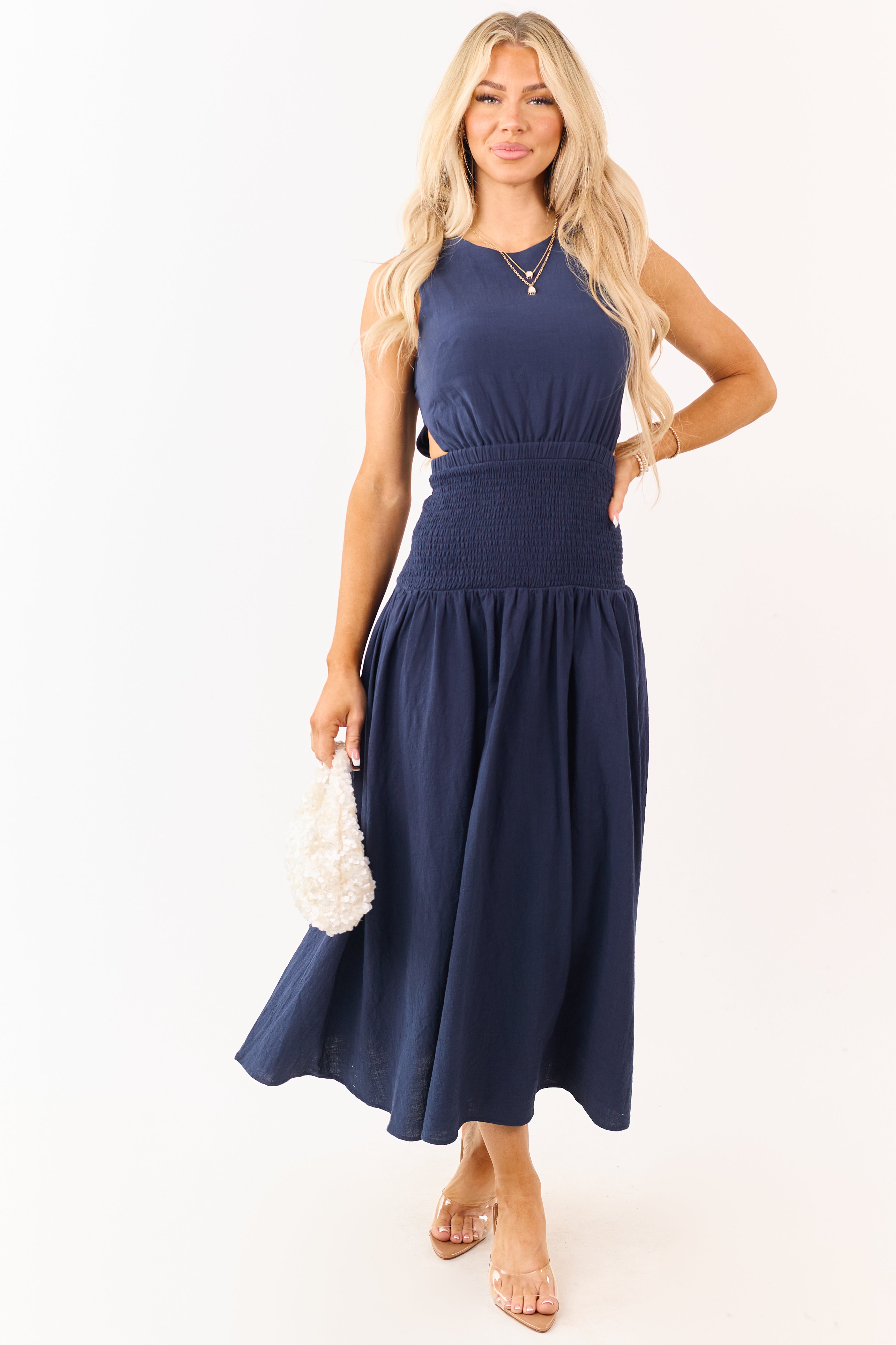 Navy Cotton Side Cut Out Smocked Waist Maxi Dress