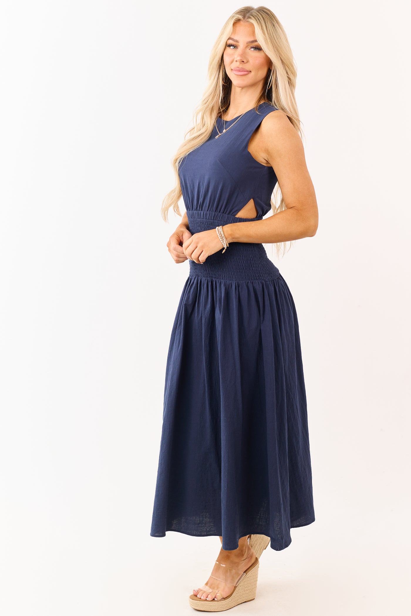 Navy Cotton Side Cut Out Smocked Waist Maxi Dress