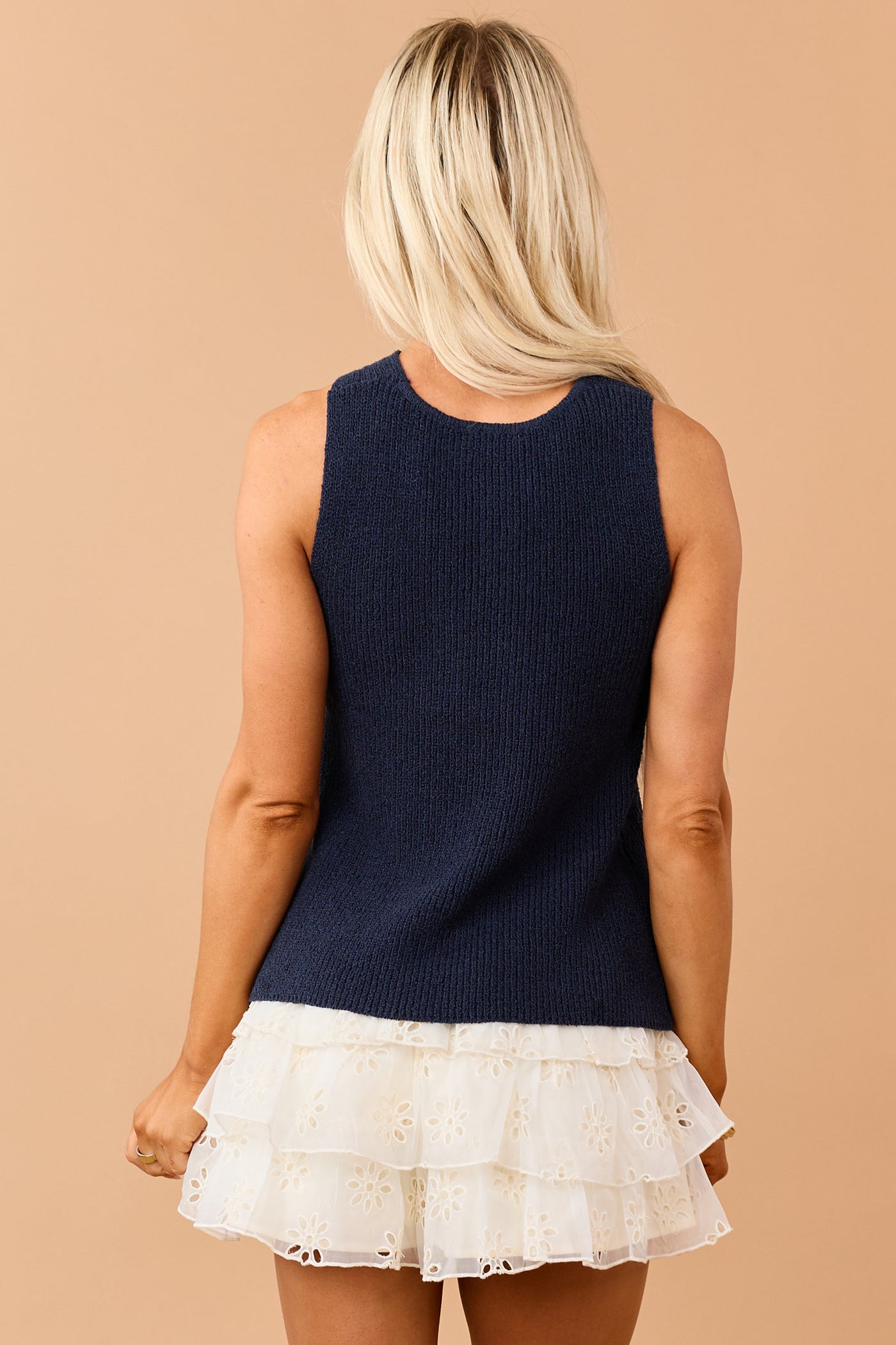 Navy Criss Cross Halter Neck Rib Knit Top