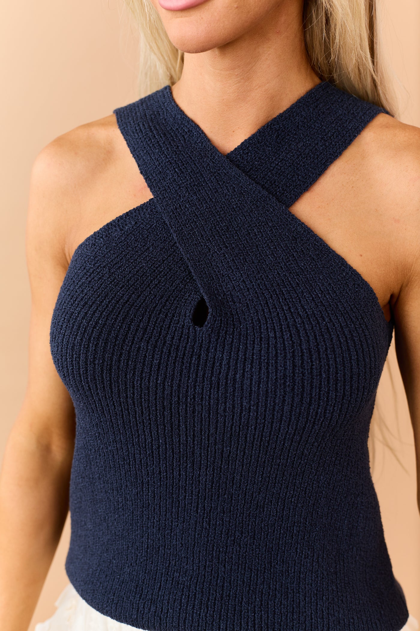 Navy Criss Cross Halter Neck Rib Knit Top