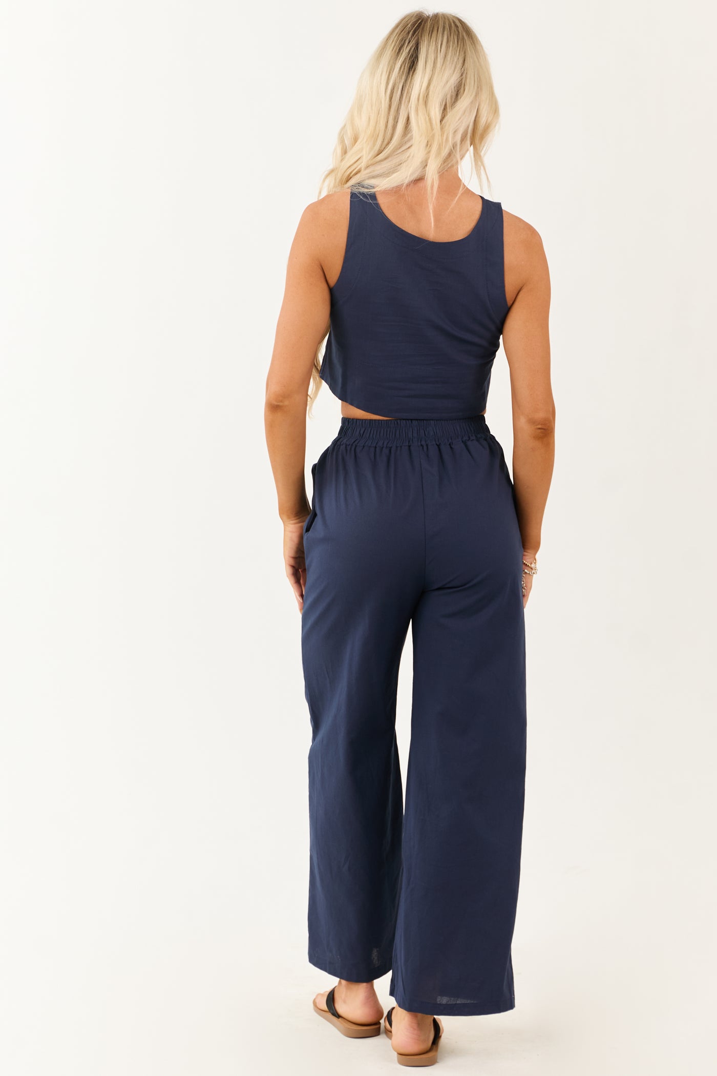 Navy Cropped Tank Top and Wide Leg Pants Set