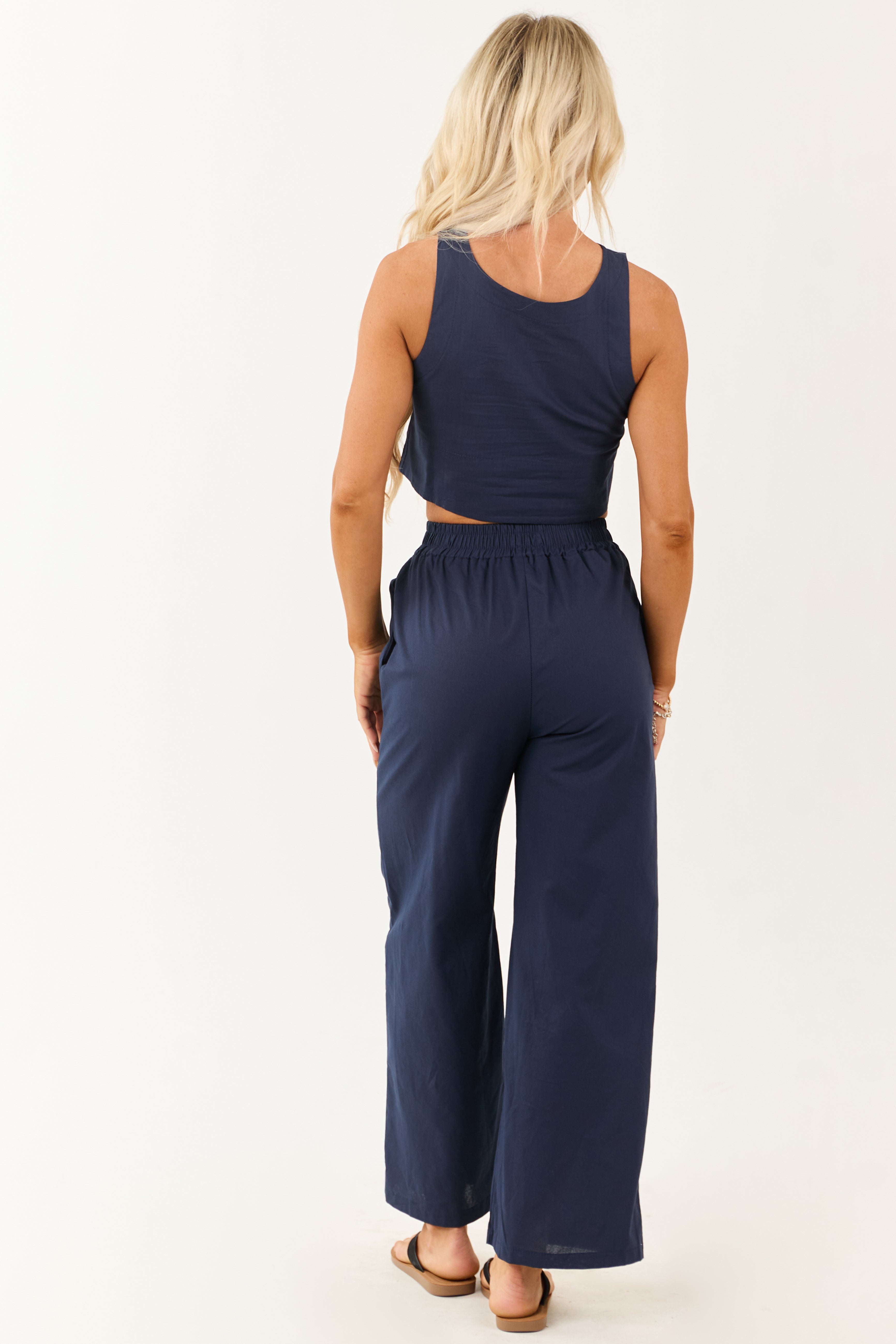 Navy Cropped Tank Top and Wide Leg Pants Set