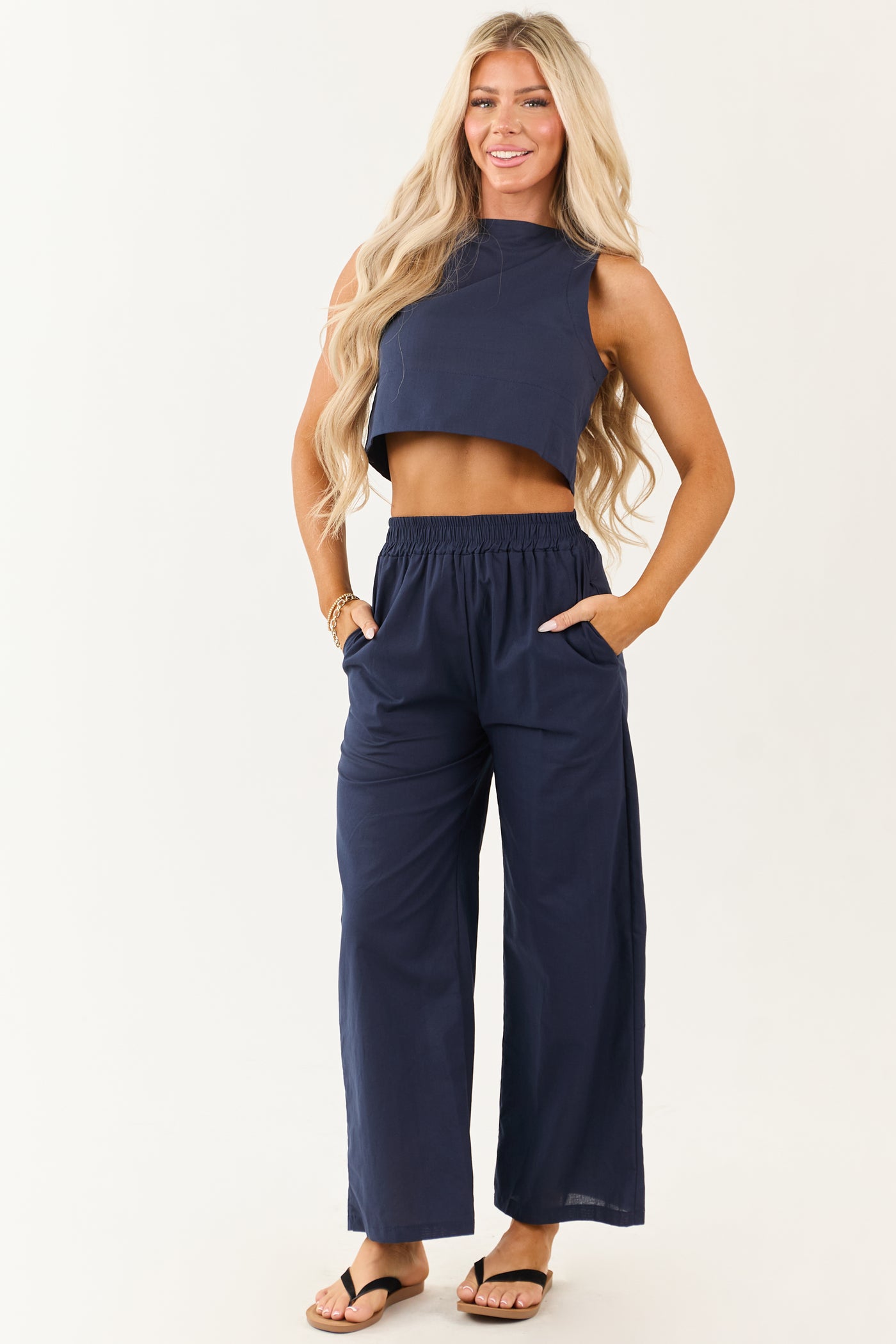 Navy Cropped Tank Top and Wide Leg Pants Set