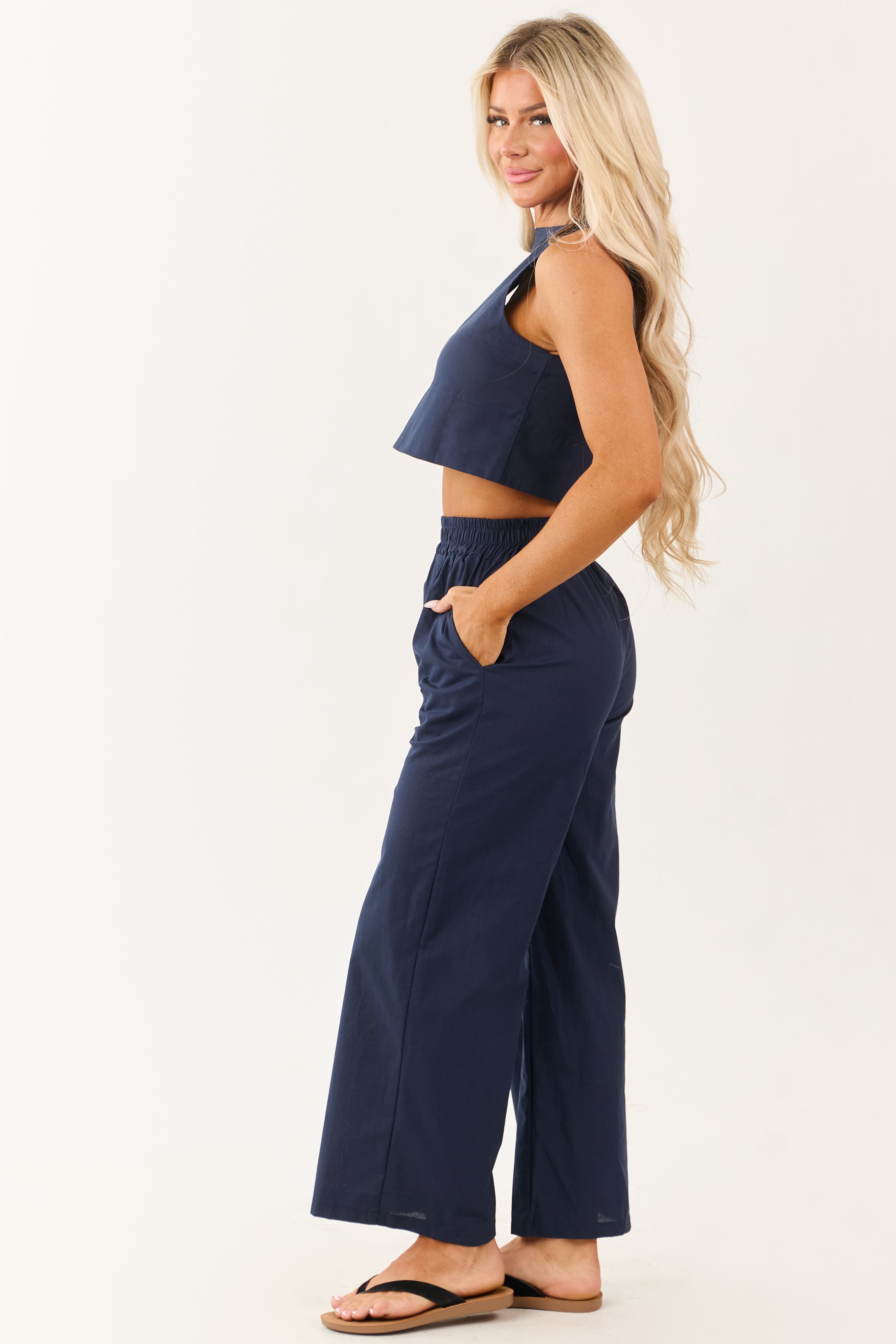 Navy Cropped Tank Top and Wide Leg Pants Set