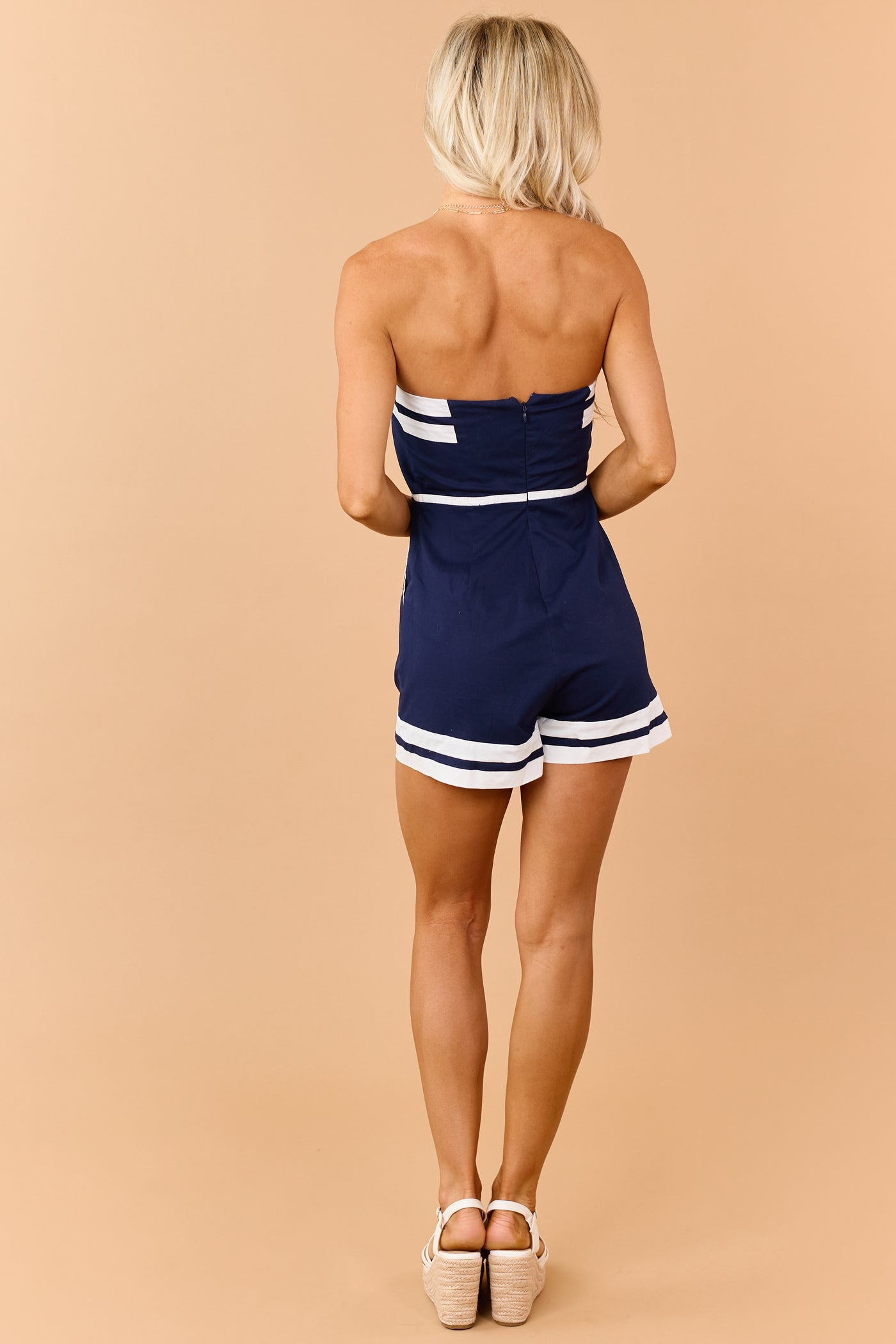 Navy Denim Contrast Trim Strapless Romper