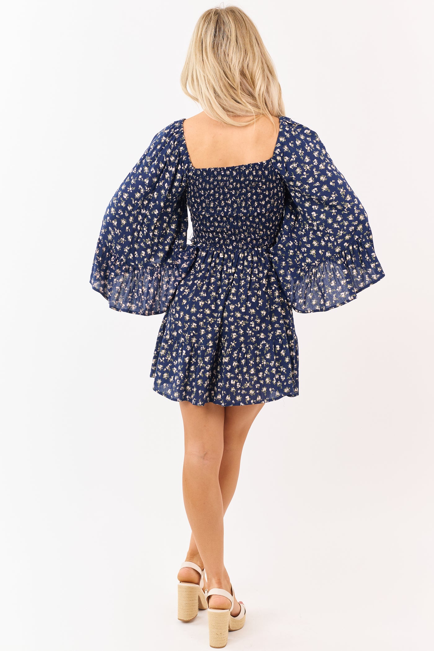 Navy Ditsy Floral Flutter Sleeve Smocked Mini Dress