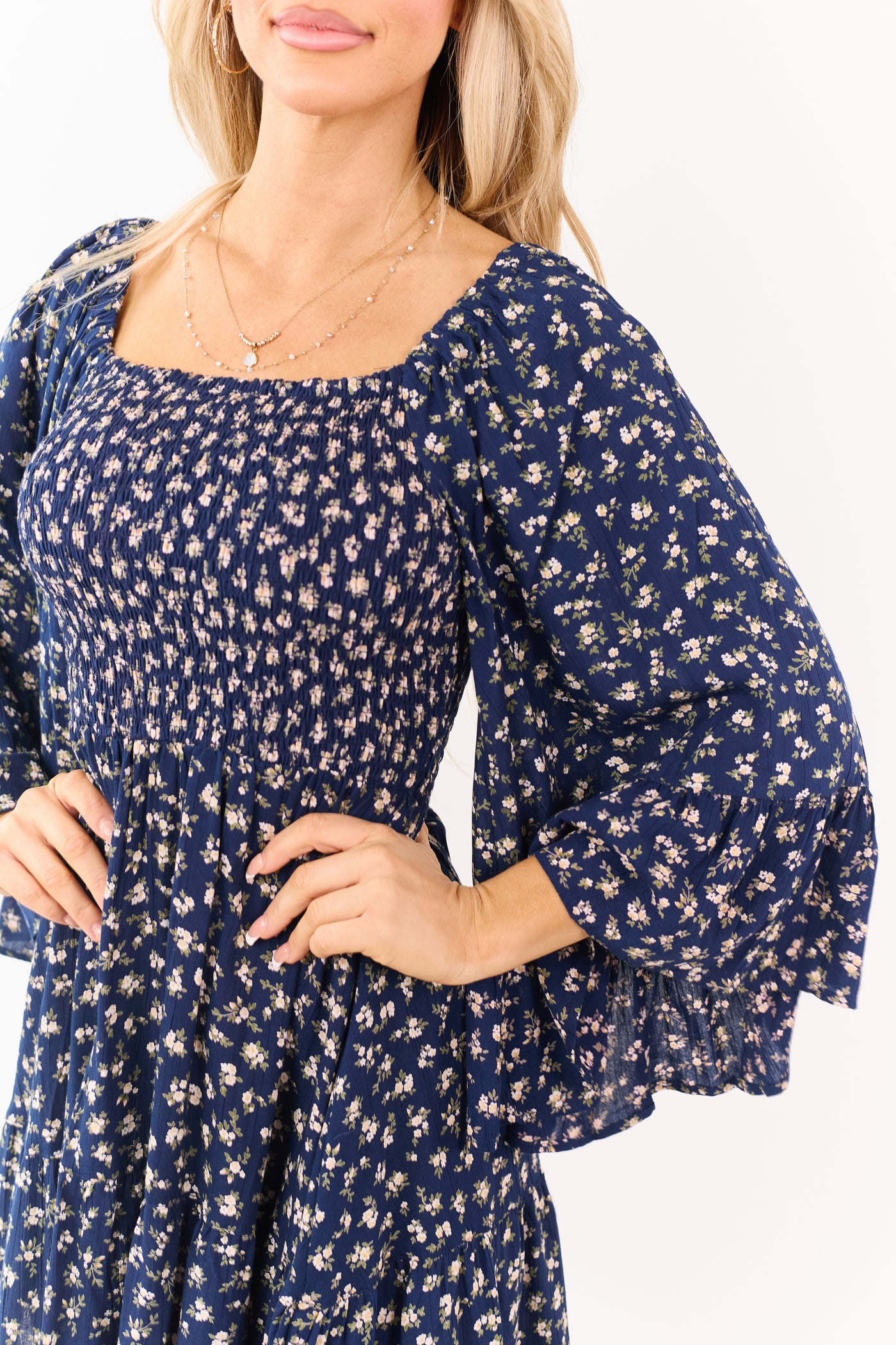Navy Ditsy Floral Flutter Sleeve Smocked Mini Dress