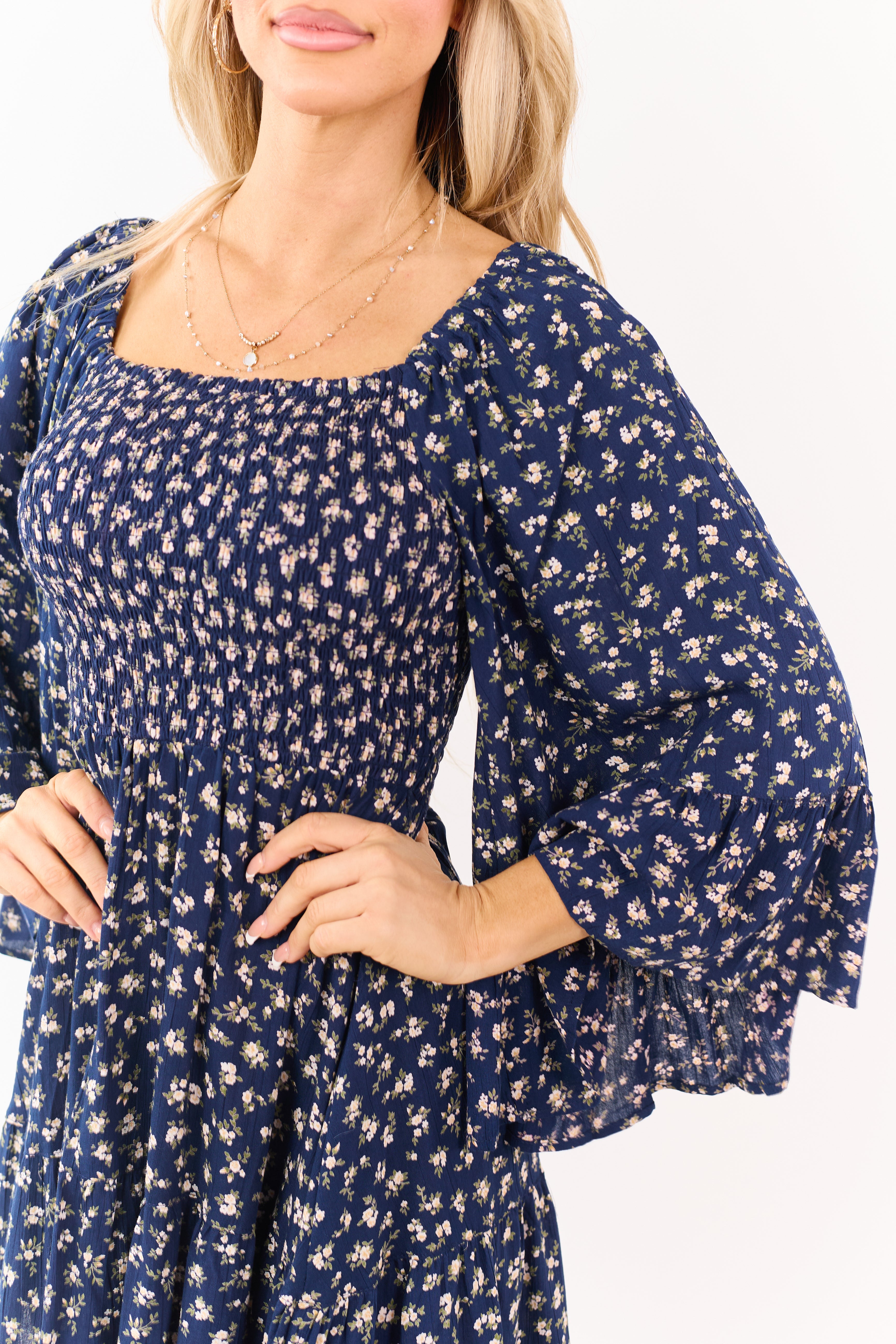 Navy Ditsy Floral Flutter Sleeve Smocked Mini Dress